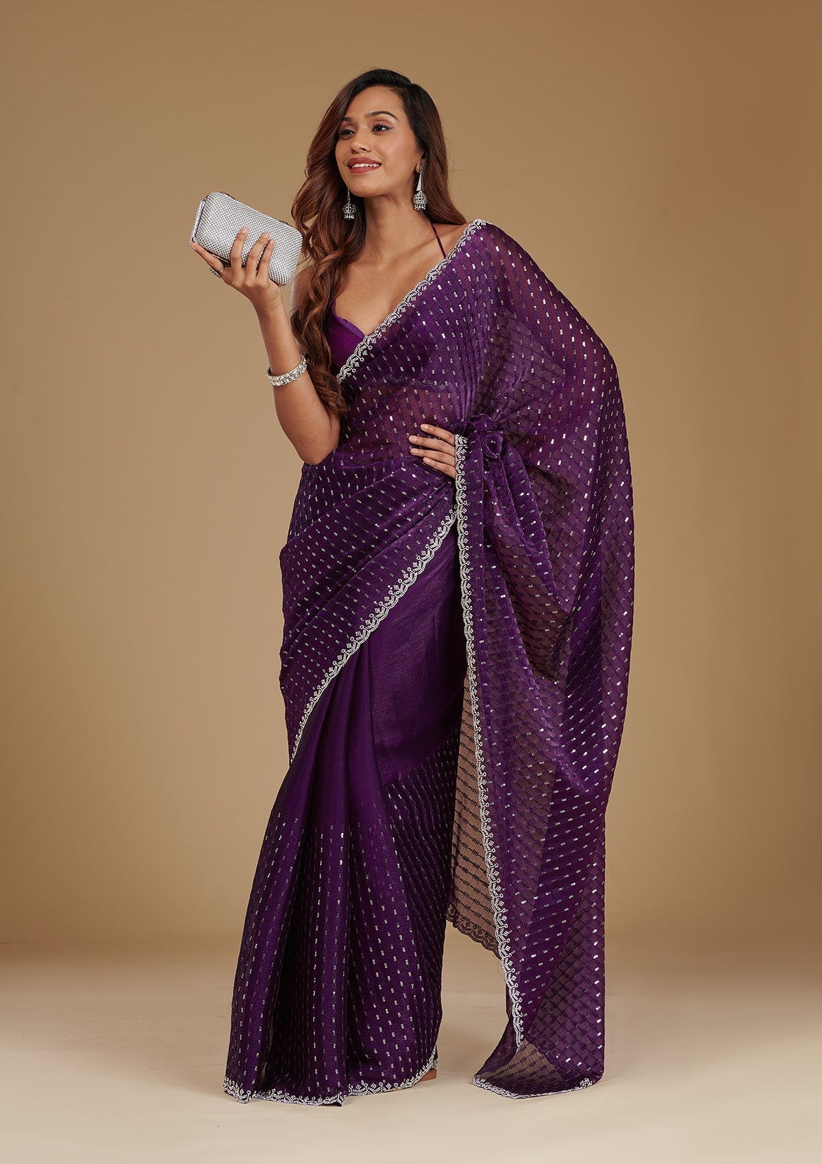 Koskii Purple Stonework Georgette Saree – Women's