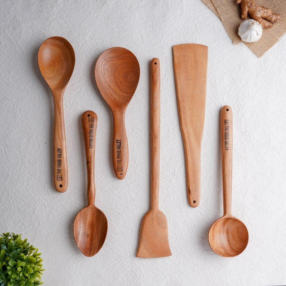 The Indus Valley 100% Natural Neem Wood Cooking & Serving Spoons/Spatula/Ladles, Set of 6, Toxin-free, Anti-microbial