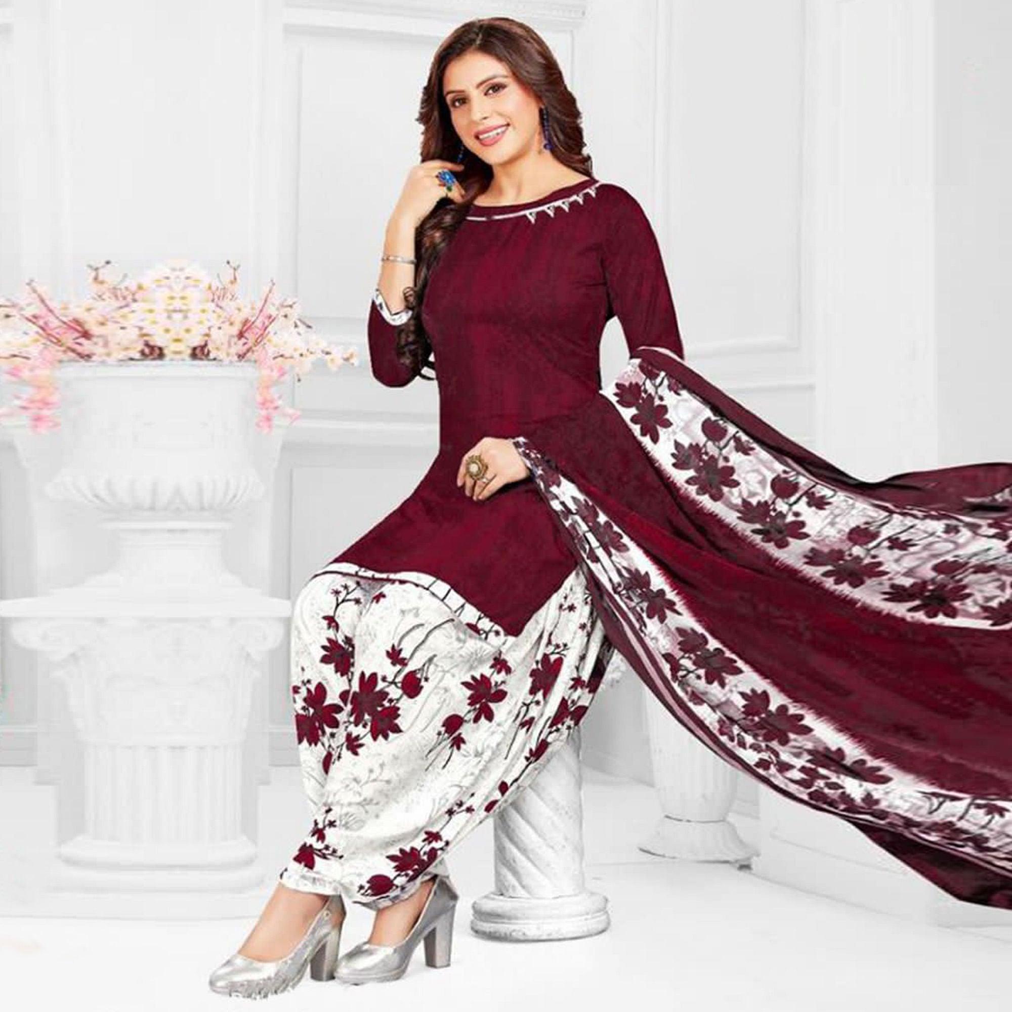 Peachmode Maroon Casual Wear Printed Leon Patiala Dress Material