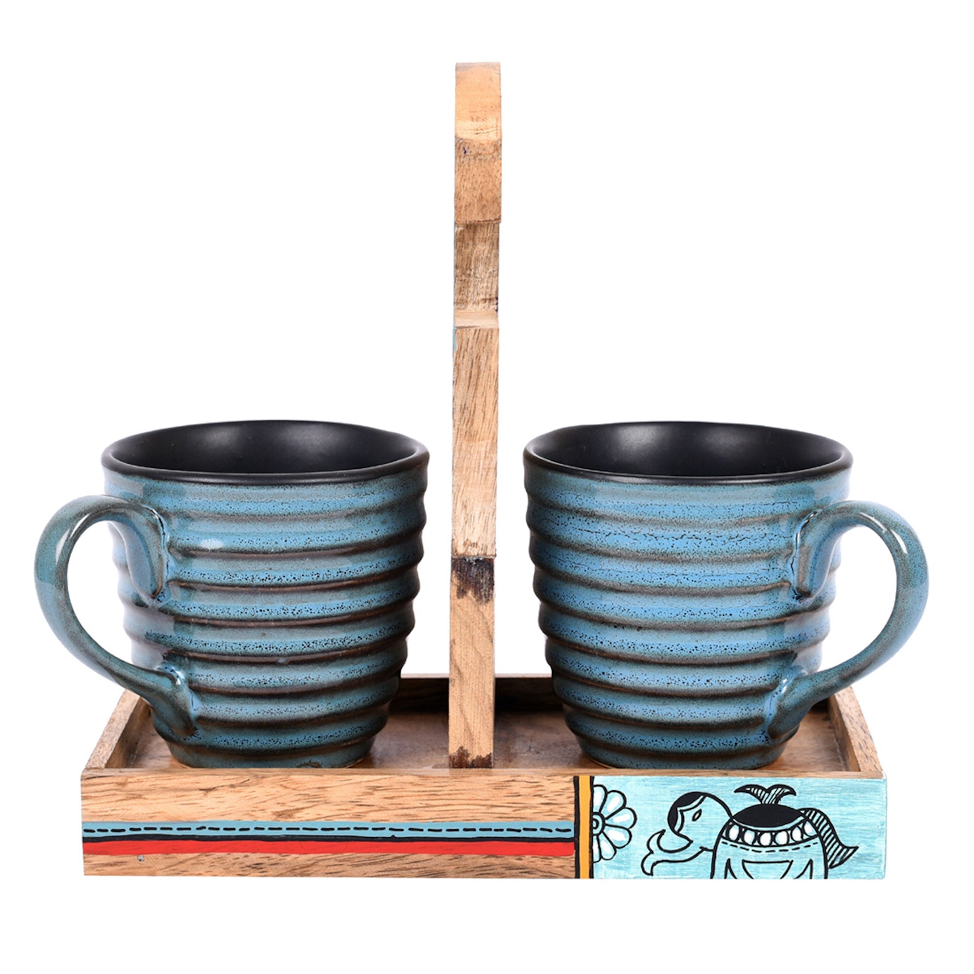 ART CREATIONS BY SUMAN SONTHALIA Blue - Cup Holder Handcrafted & 2 Mugs (Set of 3) (7x3.3x7) - view 2