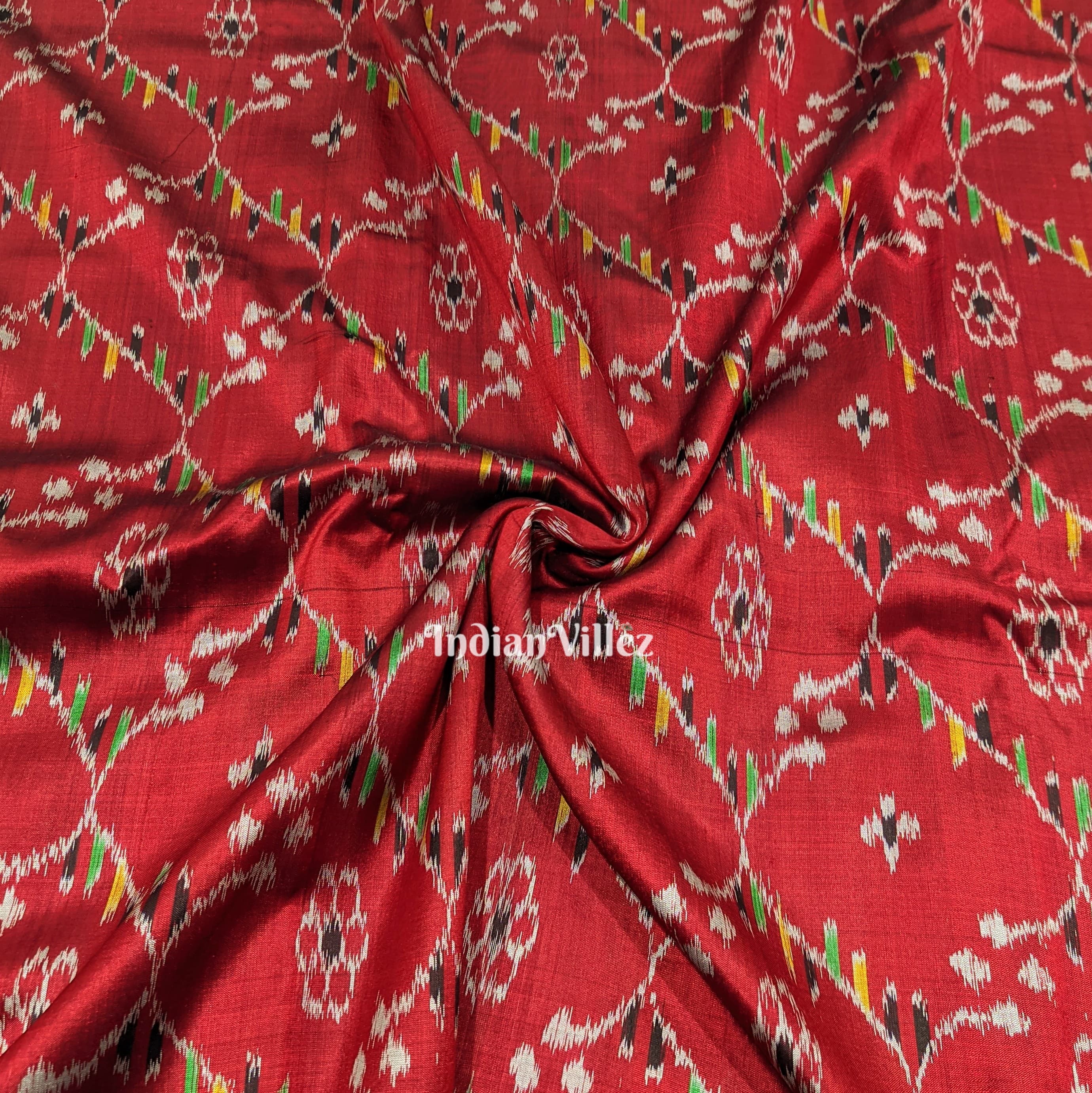 IndianVillèz Red with Flower Dali Theme Handloom Silk Ikat Fabric