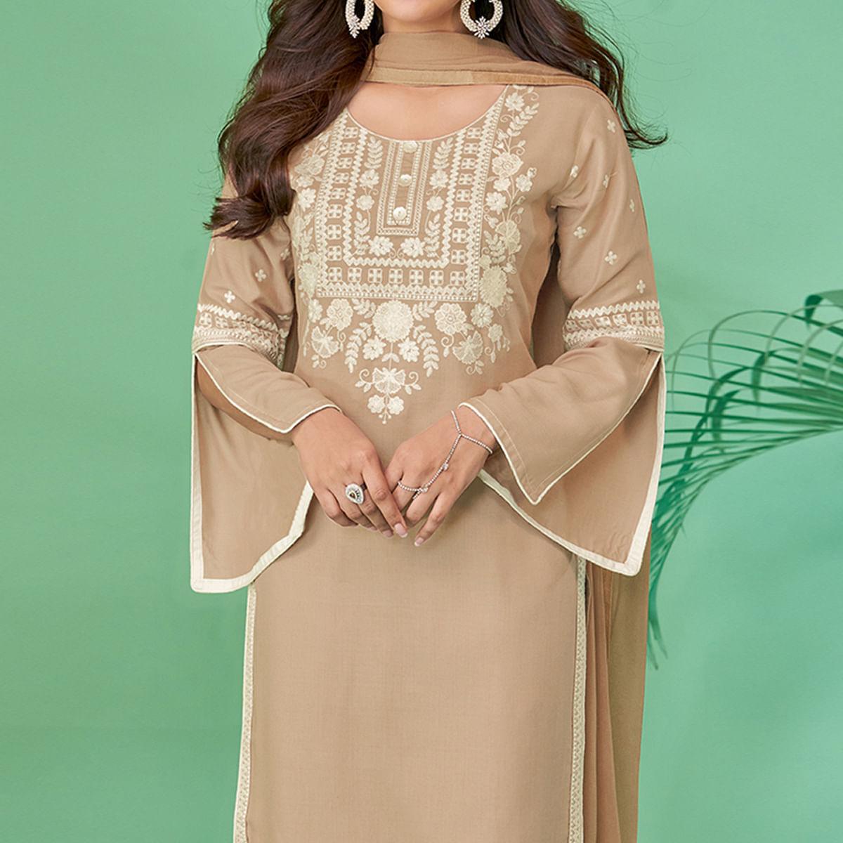 Peachmode Brown Lucknowi Embroidered Rayon Kurti Pant Set With Dupatta - view 3