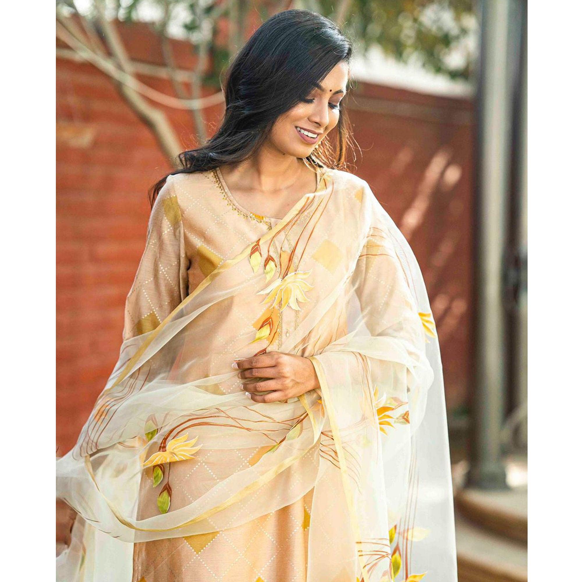 Peachmode Cream Partywear Printed Cotton Silk Kurti Pant Set With Dupatta - view 4