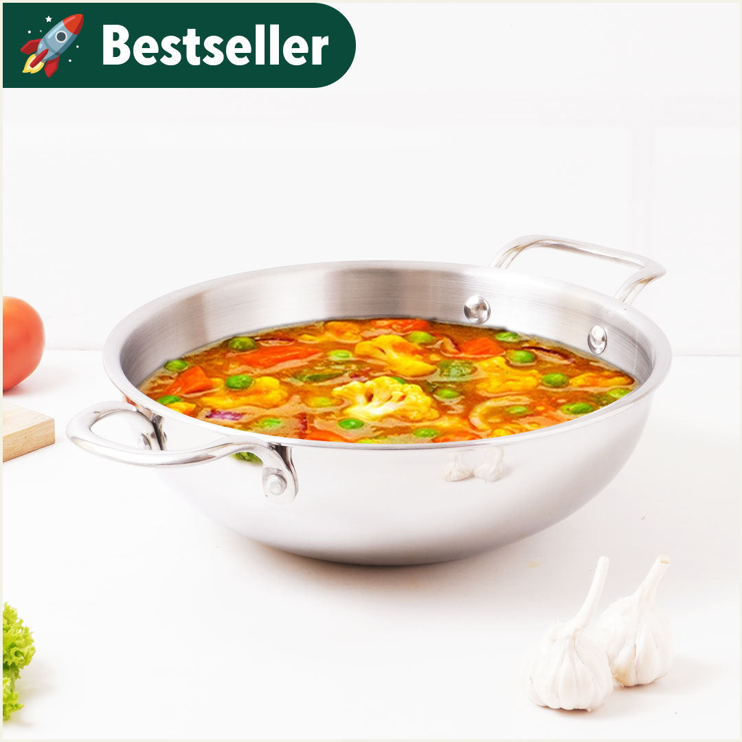 The Indus Valley TurboCuk Tri-ply Stainless Steel Kadai, Premium 3 Layer Body, Induction, Non-stick, 1.7/2.7/4L