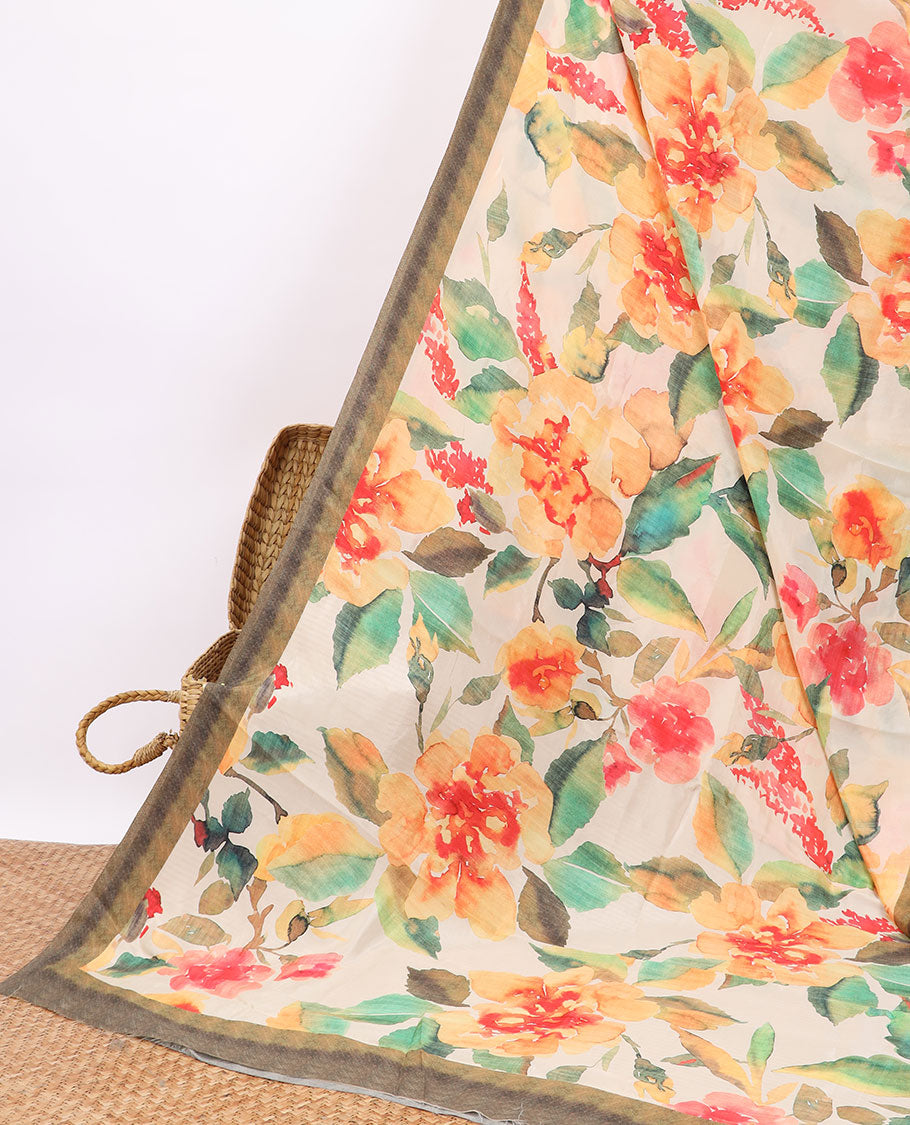 Pothys Cream floral digital printed crepe saree with contrast intricate design border