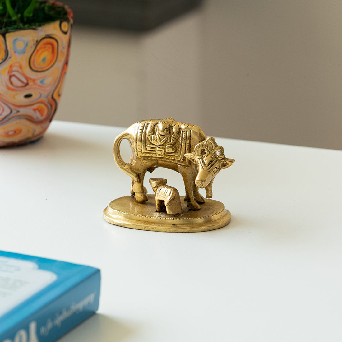 EXCLUSIVELANE 'Kamdhenu Cow With Calf' Brass Showpiece Idol (Hand-Etched, 0.3 Kg)