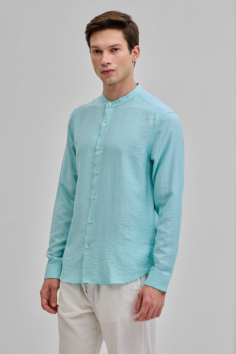 SNITCH Light Blue Mandarin Linen Blend Shirt - view 6