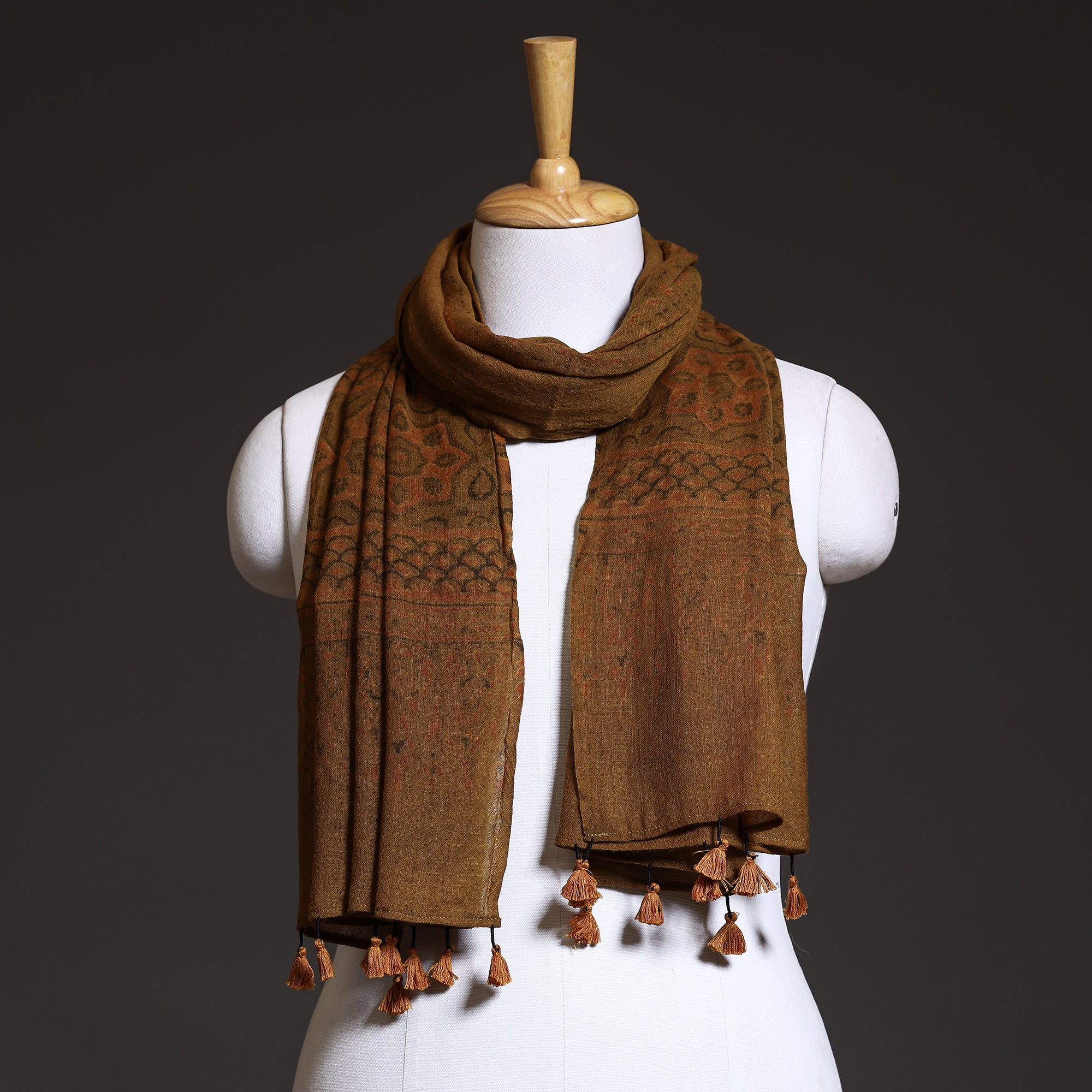 AJRAKH BY SUFIYAN ISMAIL KHATRI Brown - Ajrakh Block Printed Pure Woolen Stole