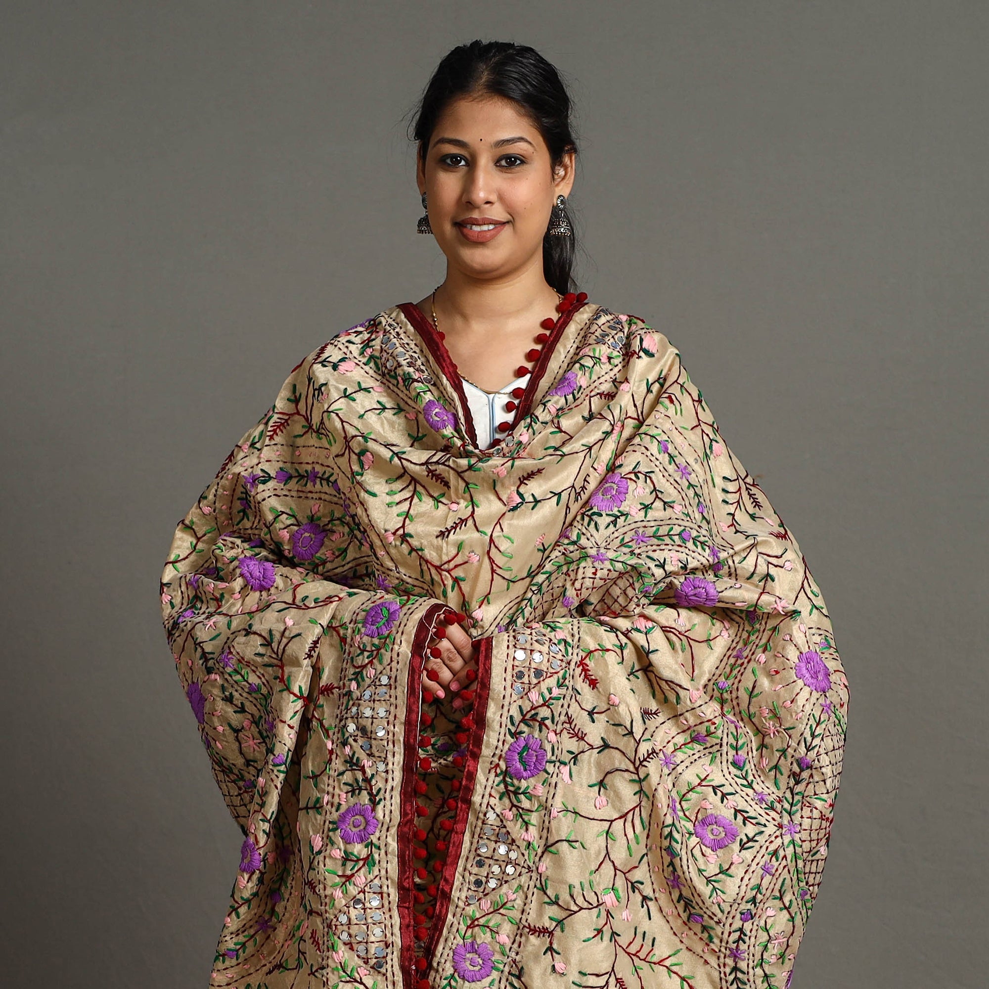 ITOKRI CRAFTS INITIATIVE Beige - Ranihati Chanderi Silk Chapa Work Phulkari Embroidered Dupatta with Pom Pom 66 - view 3