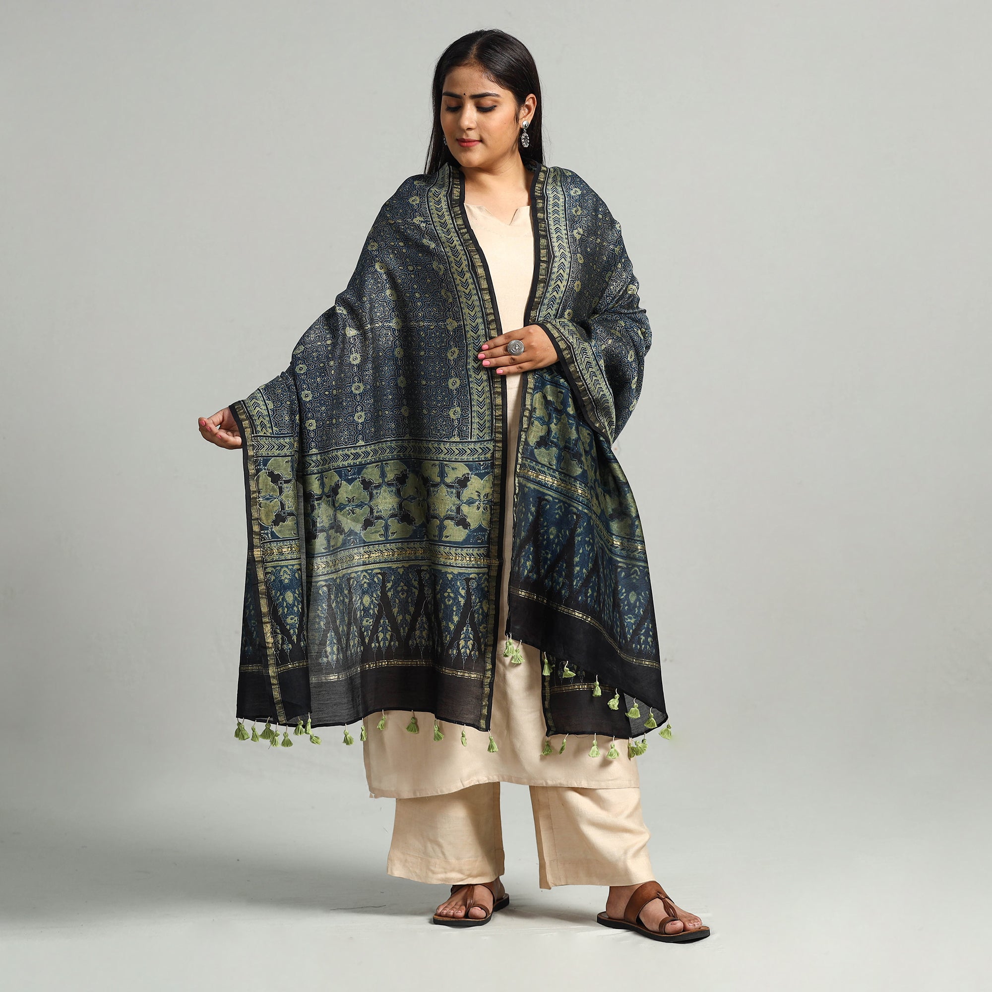 AJRAKH BY SUFIYAN ISMAIL KHATRI Blue - Block Printed Chanderi Silk Handloom Ajrakh Dupatta 15 - view 2