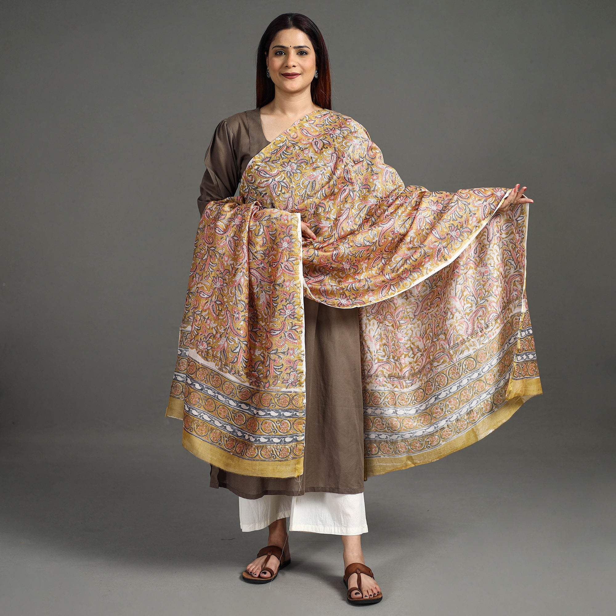 ARTISAN HAND BLOCK PRINTS Brown - Handloom Chanderi Silk Sanganeri Print Dupatta 25