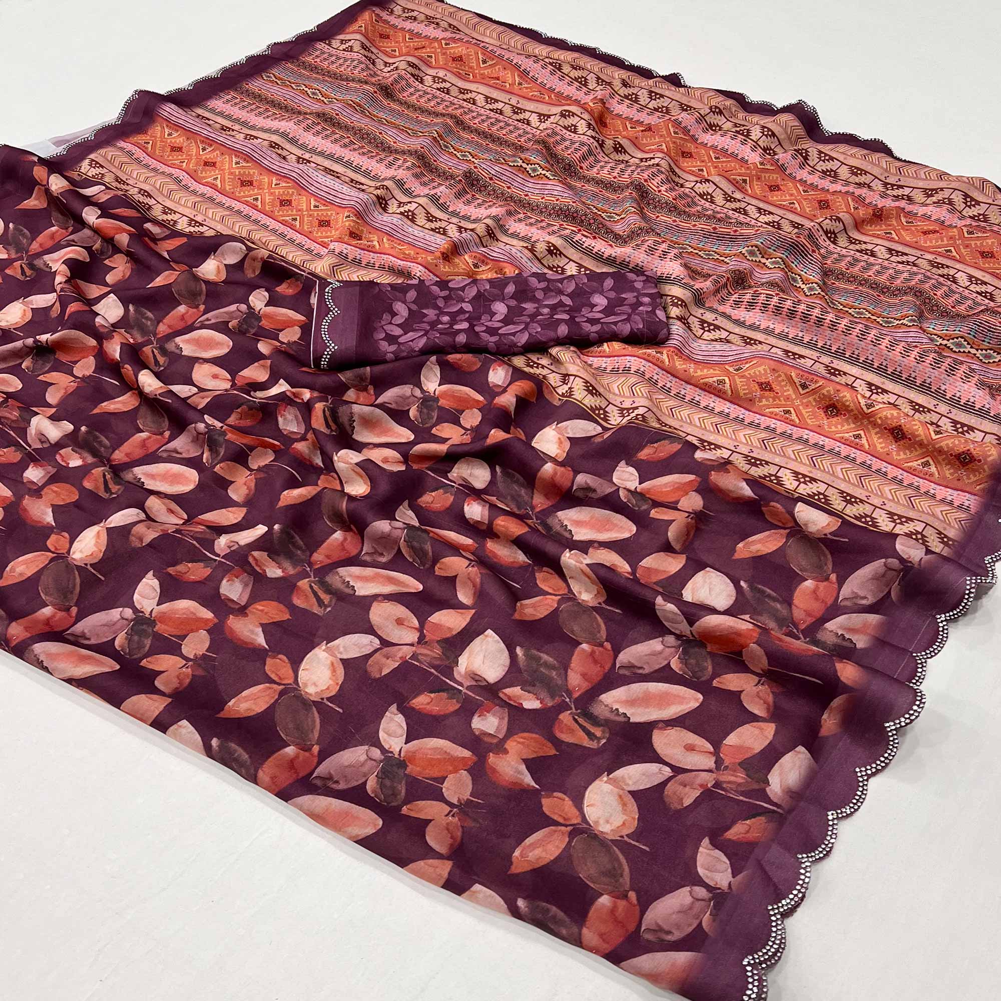 Peachmode Wine Floral Digital Printed Georgette Saree With Stonework Border