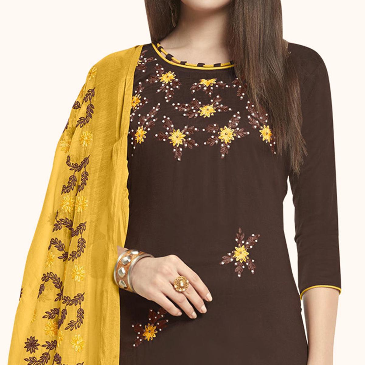 Peachmode Glowing Brown Colored Casual Wear Embroidered Cotton Dress Material - view 2