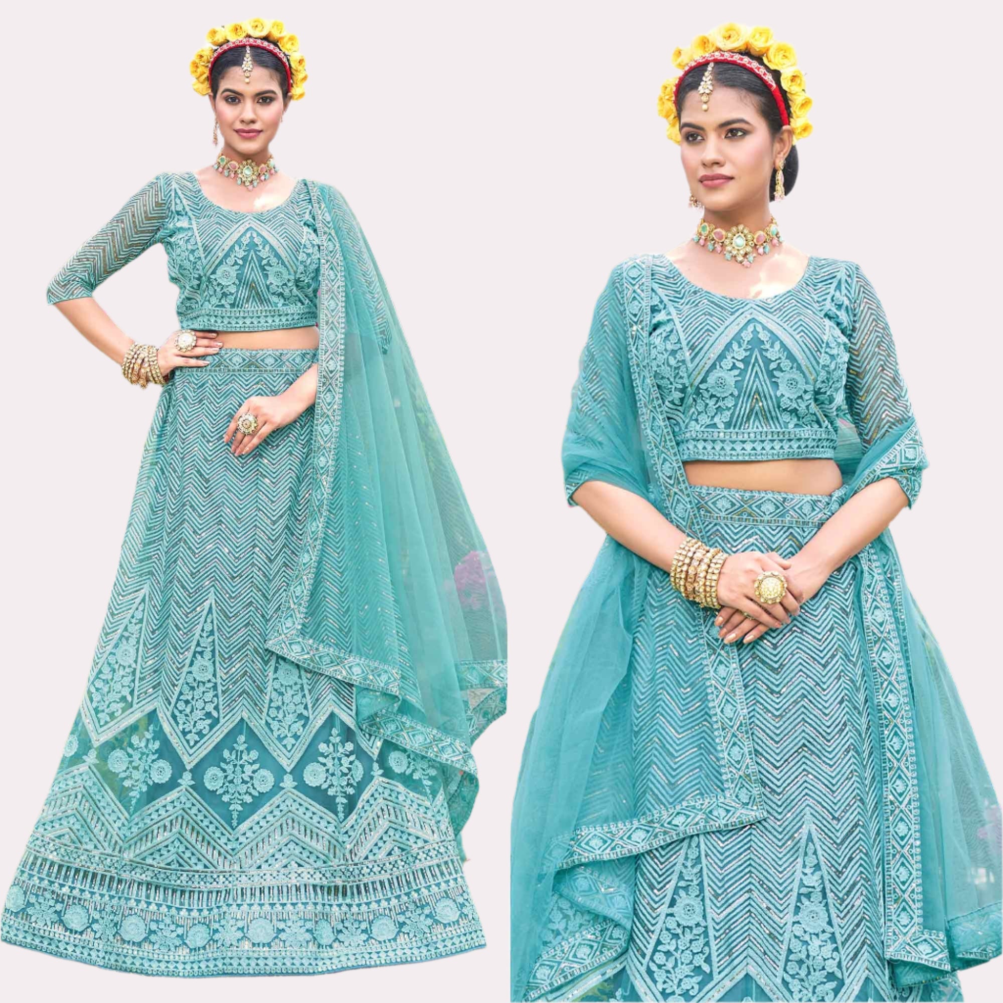 Peachmode Blue Sequins Floral Embroidered Net Semi Stitched Lehenga Choli