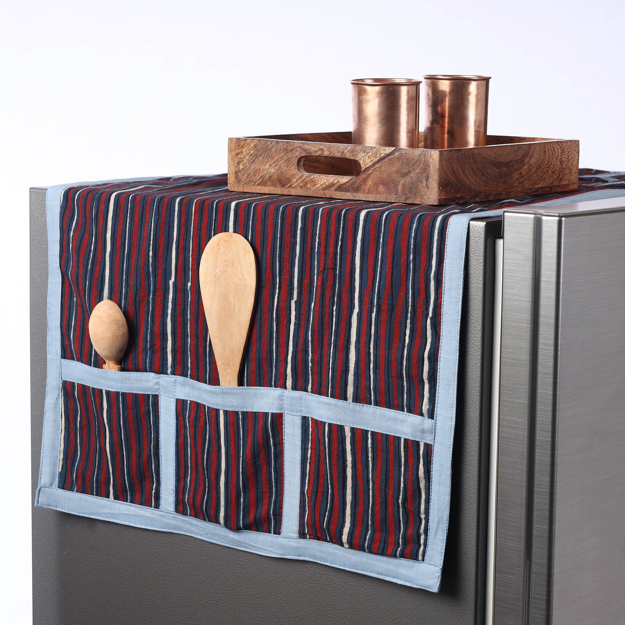 JALPARI Ajrakh Block Printed Cotton Fridge Top Cover with Multiple Pockets