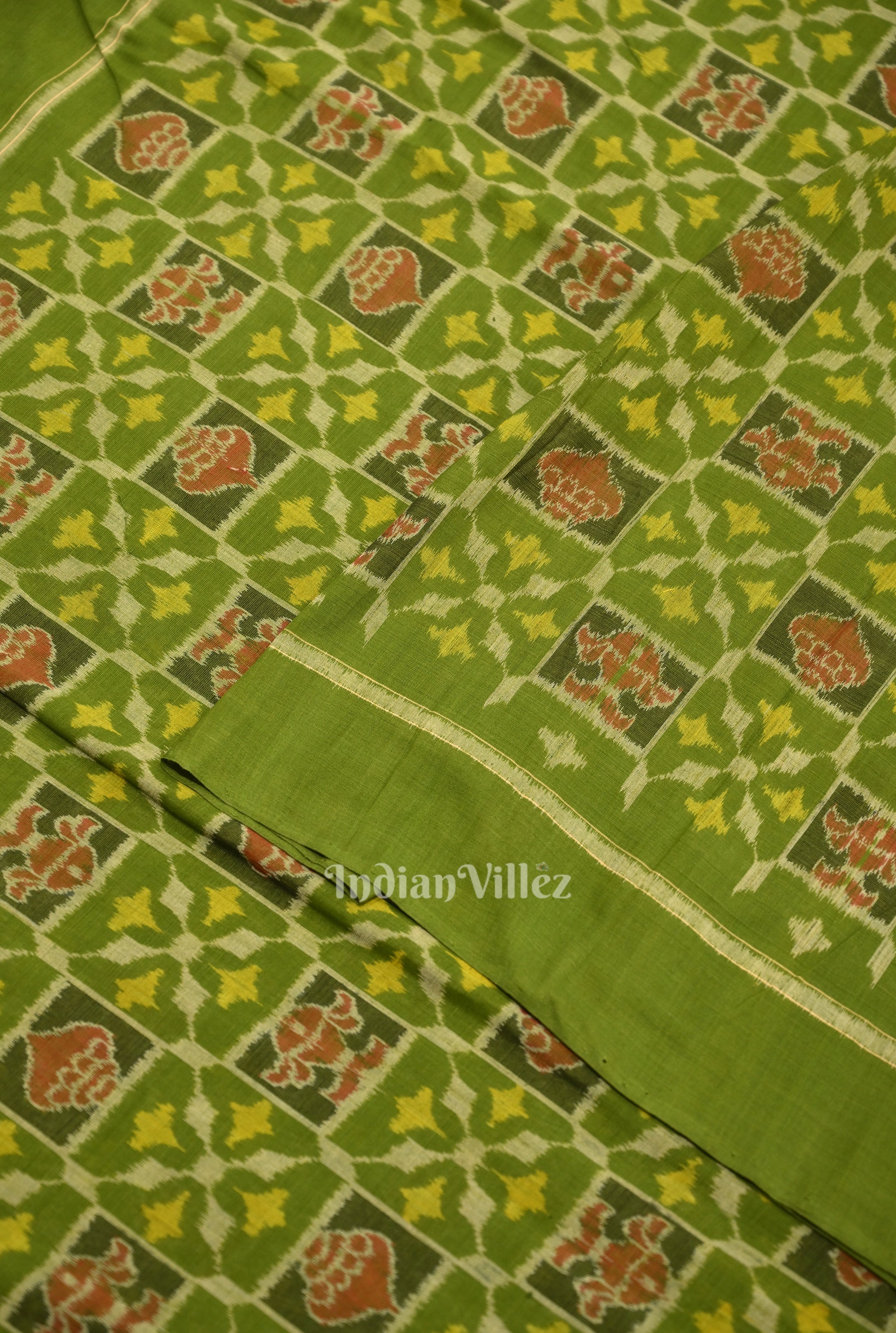 IndianVillèz Mehendi Green Sankha Flowers Motif Sambalpuri Ikat Cotton Fabric