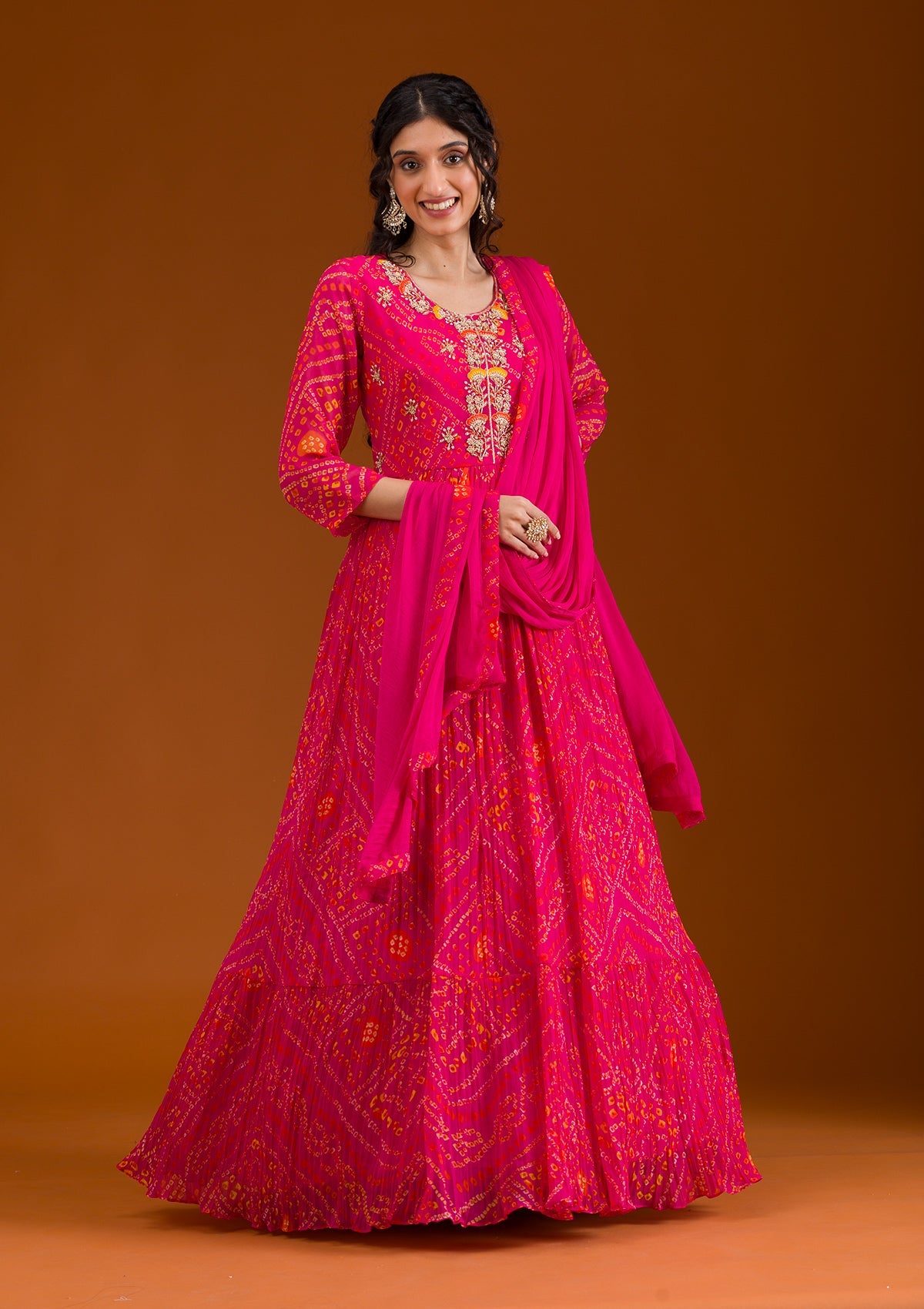 Koskii Rani Pink Printed Georgette Readymade Salwar Suit