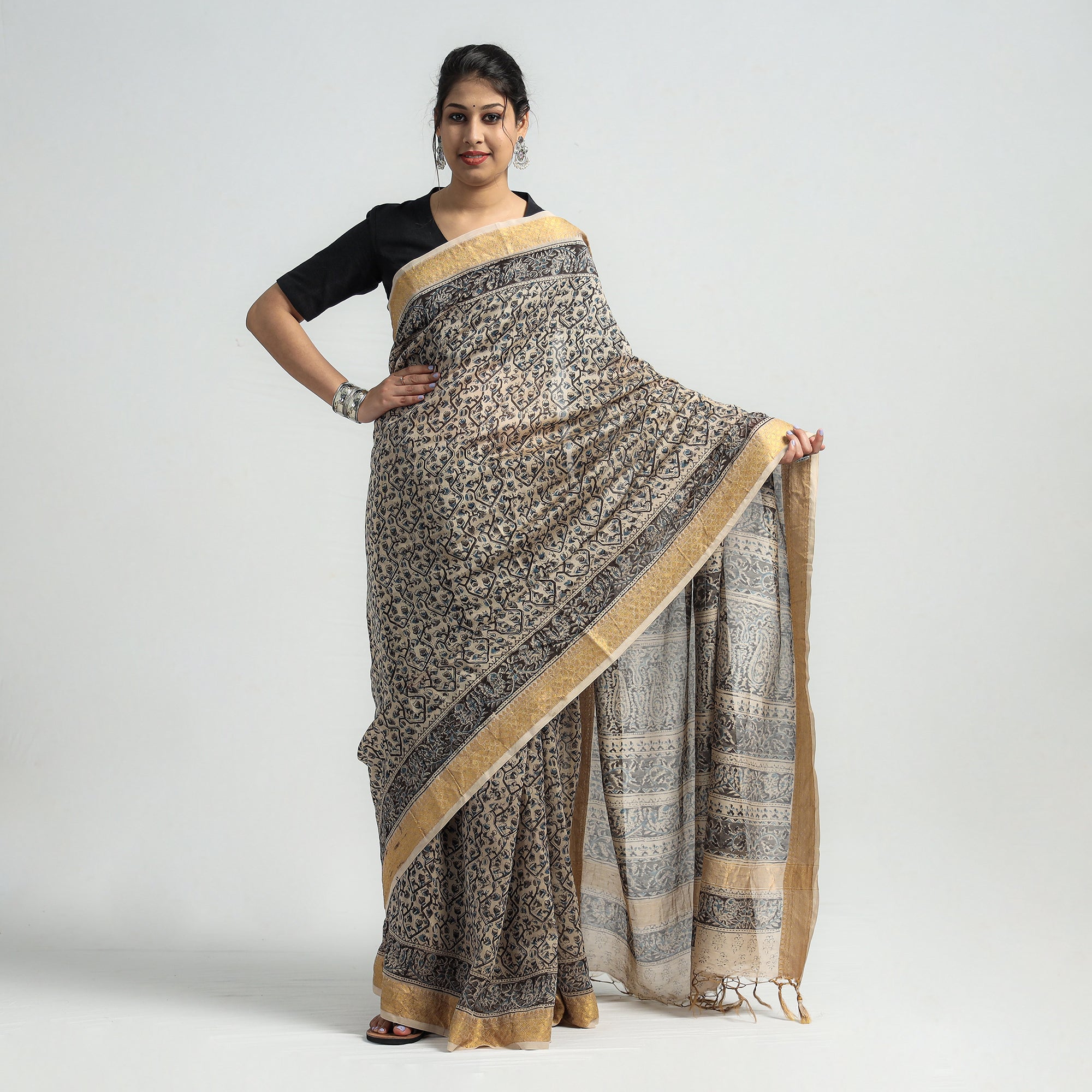 VENKATA BHANU KALAMKARI PEDANA Black - Original Pedana Kalamkari Block Print Silk Saree - view 2