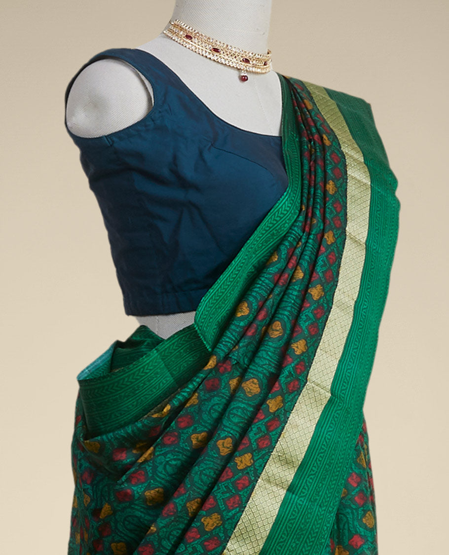 Pothys Green geometric printed silk saree with contrast intricate design border