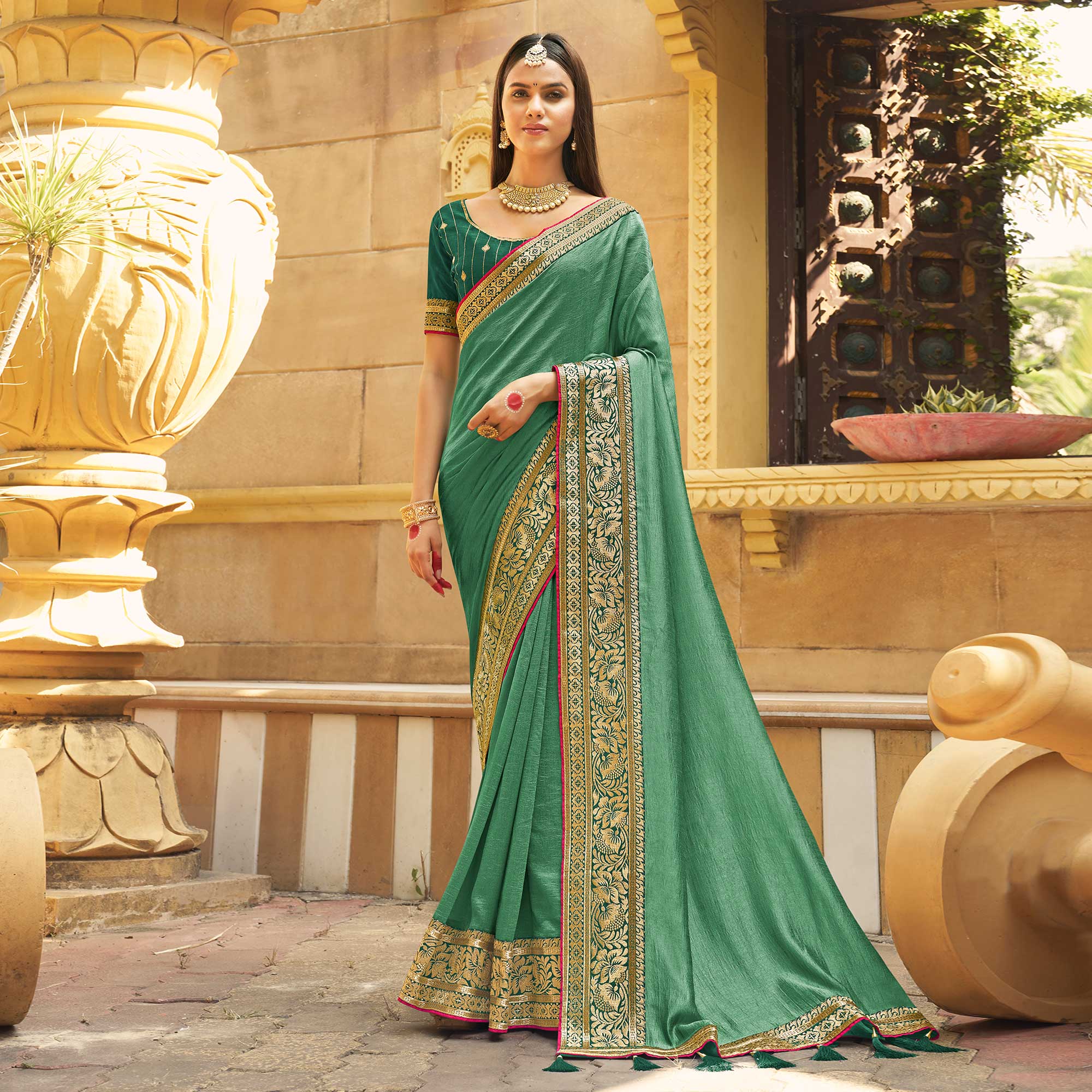 Peachmode Dusty Green Solid With Embroidered Border Vichitra Silk Saree
