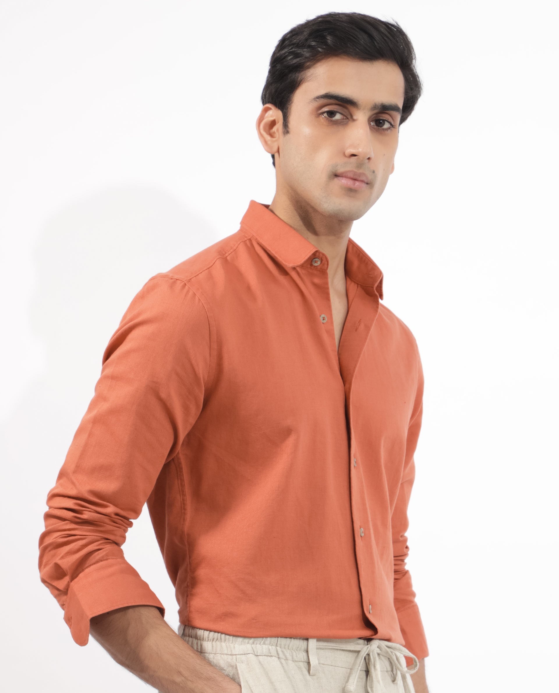 Rare Rabbit Men's Linux Orange Cotton Linen Fabric Full Sleeves Regular Fit Solid Shirt - view 7