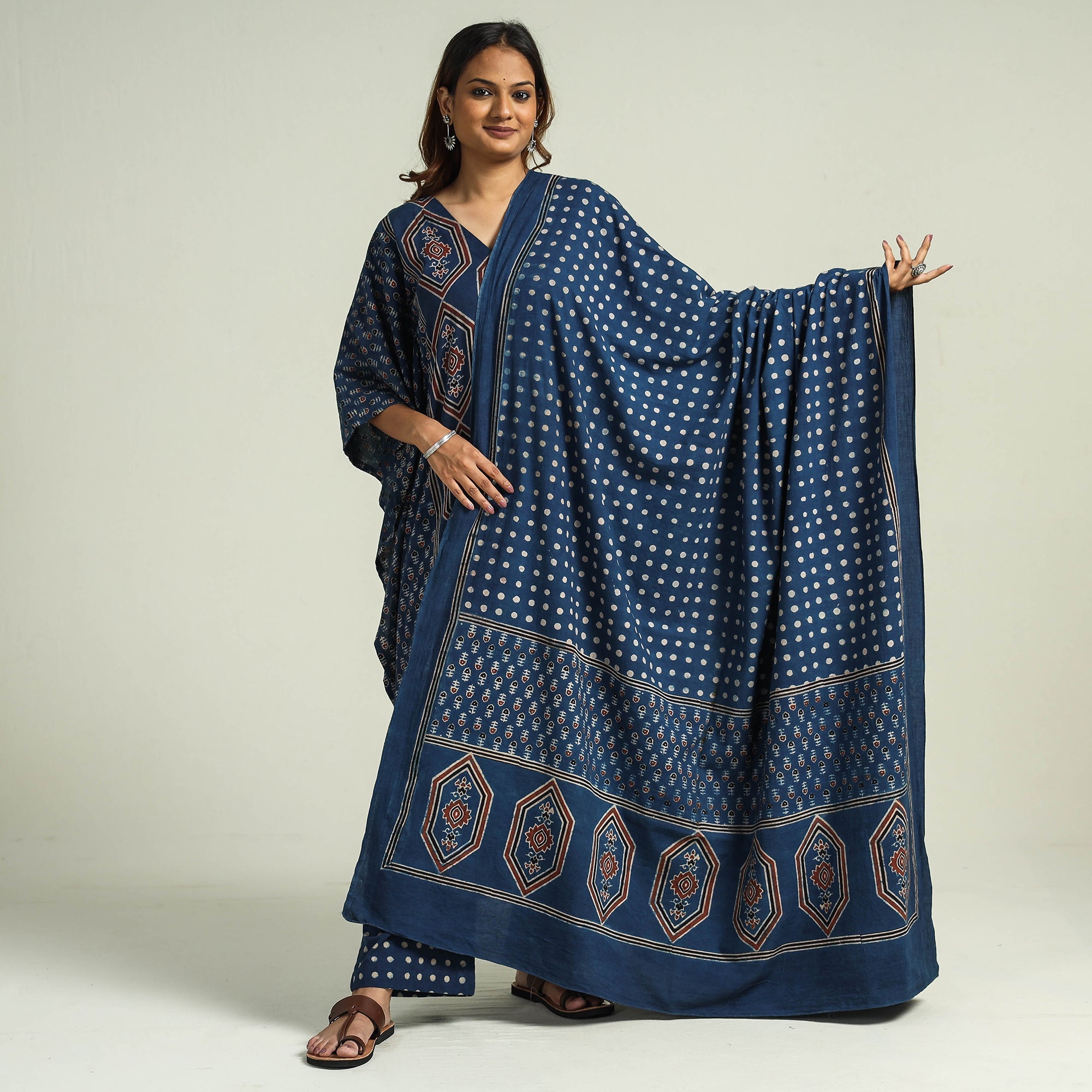 Palazzo dupatta set – ITOKRI CASUALS Blue - Ajrakh Block Printed Cotton Kaftan with Palazzo & Dupatta Set