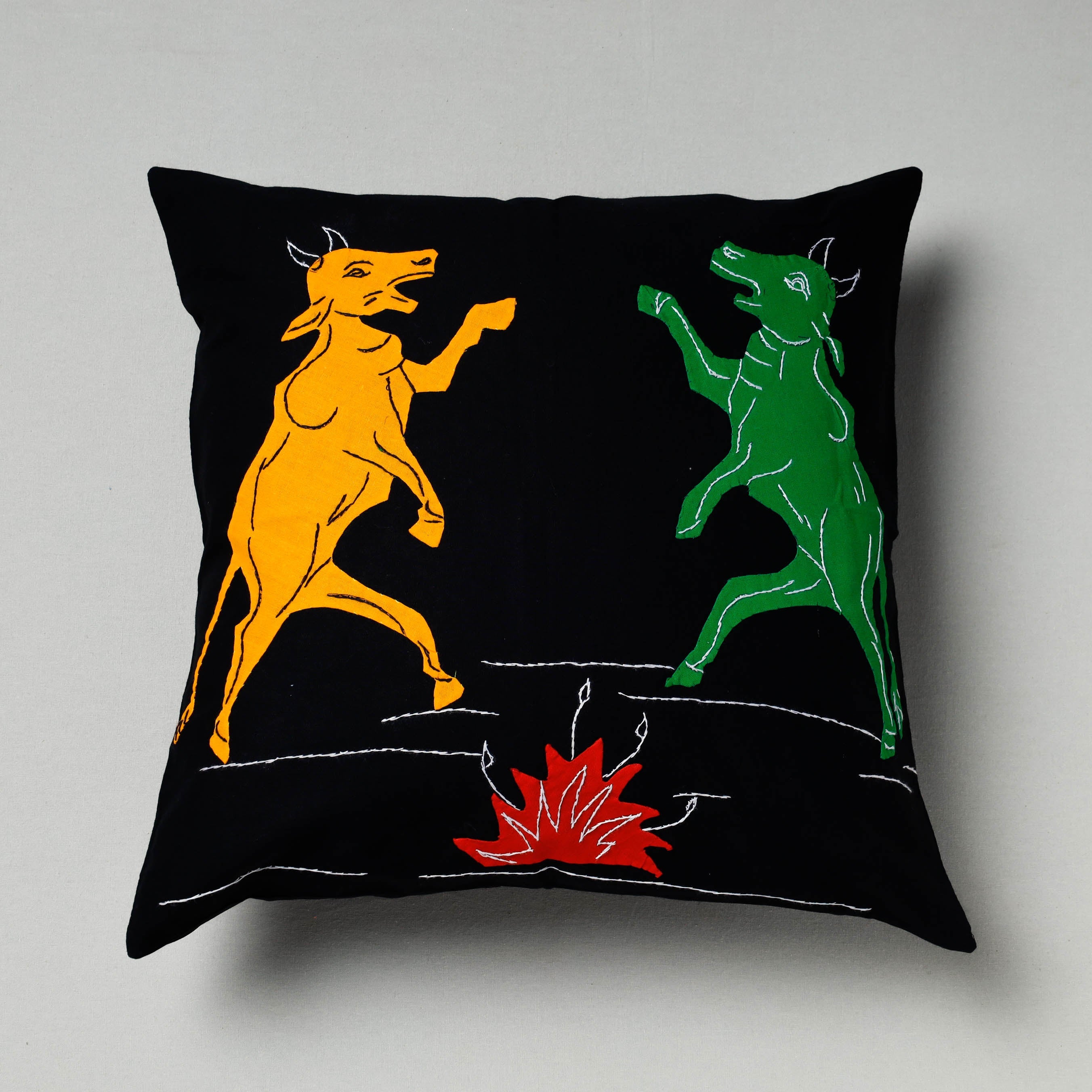 ASHOKA ASSEMBLE - CELEBRATING CRAFTS OF ODISHA Black - Pipli Applique Work Cotton Cushion Cover (16 x 16 in)