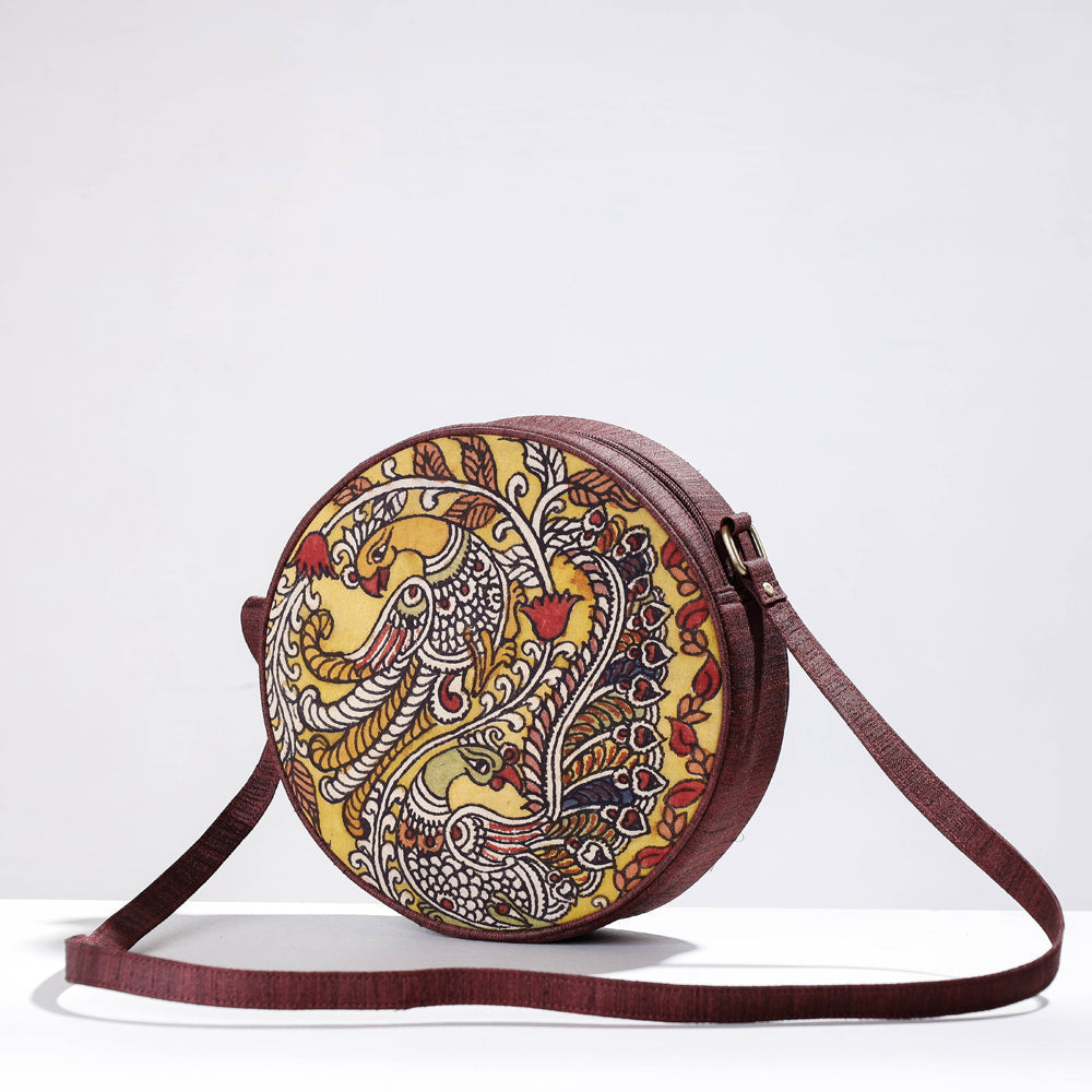 DWARAKA PLUS Brown - Round Sling Bag - Handpainted Kalamkari Natural Dyed Ghicha Silk