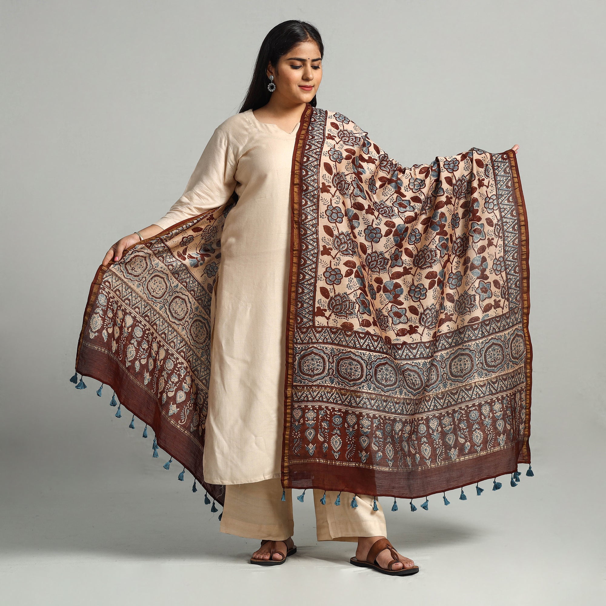 AJRAKH BY SUFIYAN ISMAIL KHATRI Brown - Block Print Chanderi Silk Handloom Ajrakh Dupatta 16