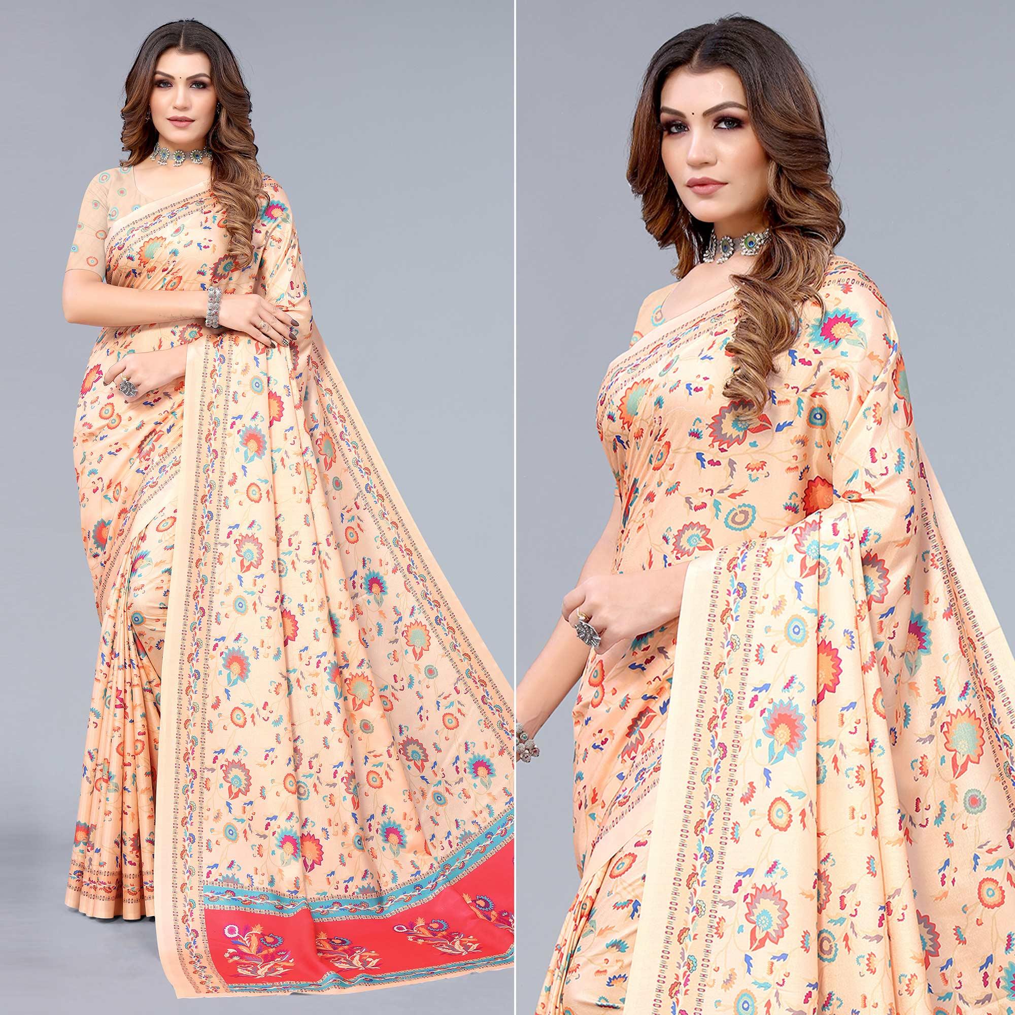Peachmode Cream Digital Printed Dola Silk Saree