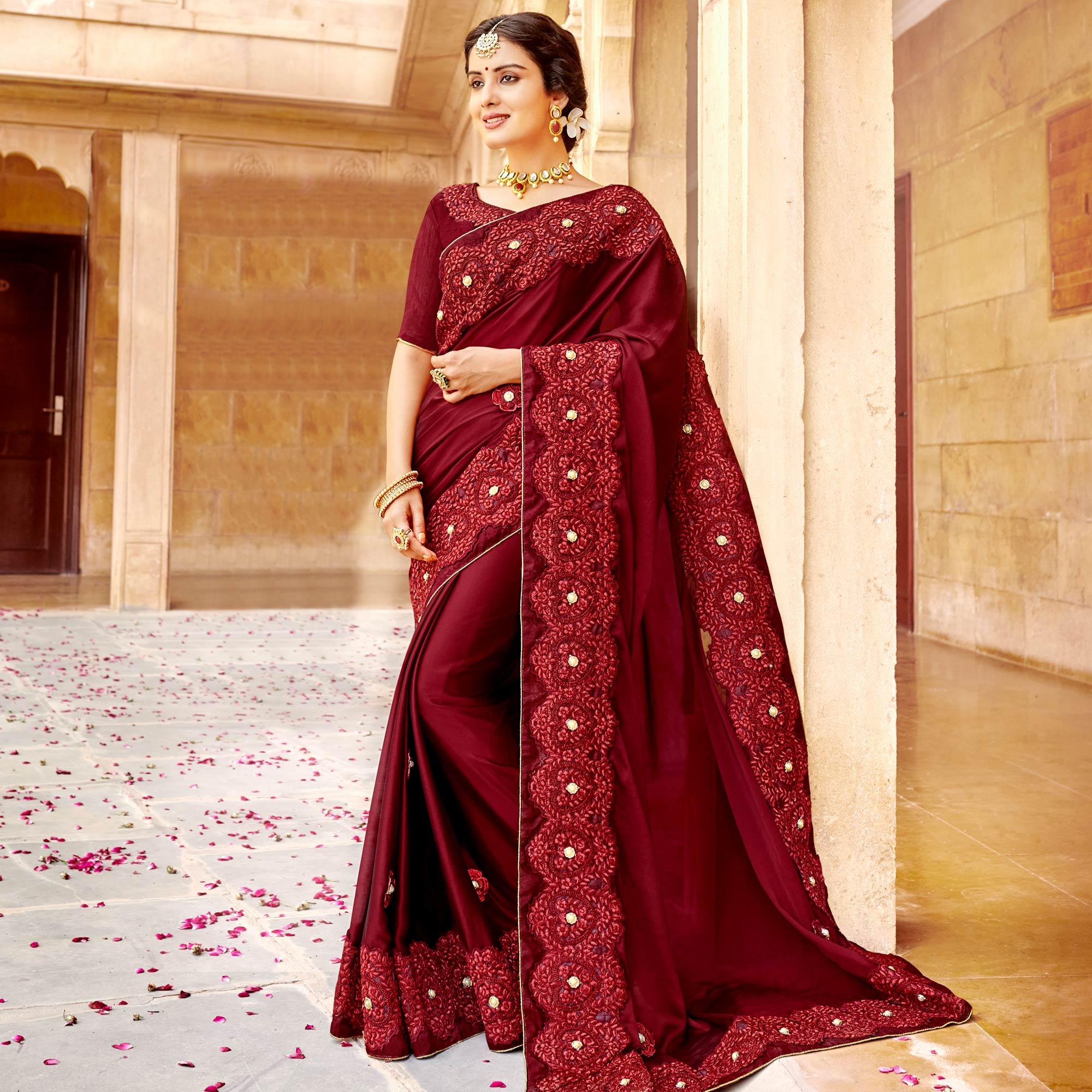 Peachmode Maroon Embroidered Satin Saree – Women's