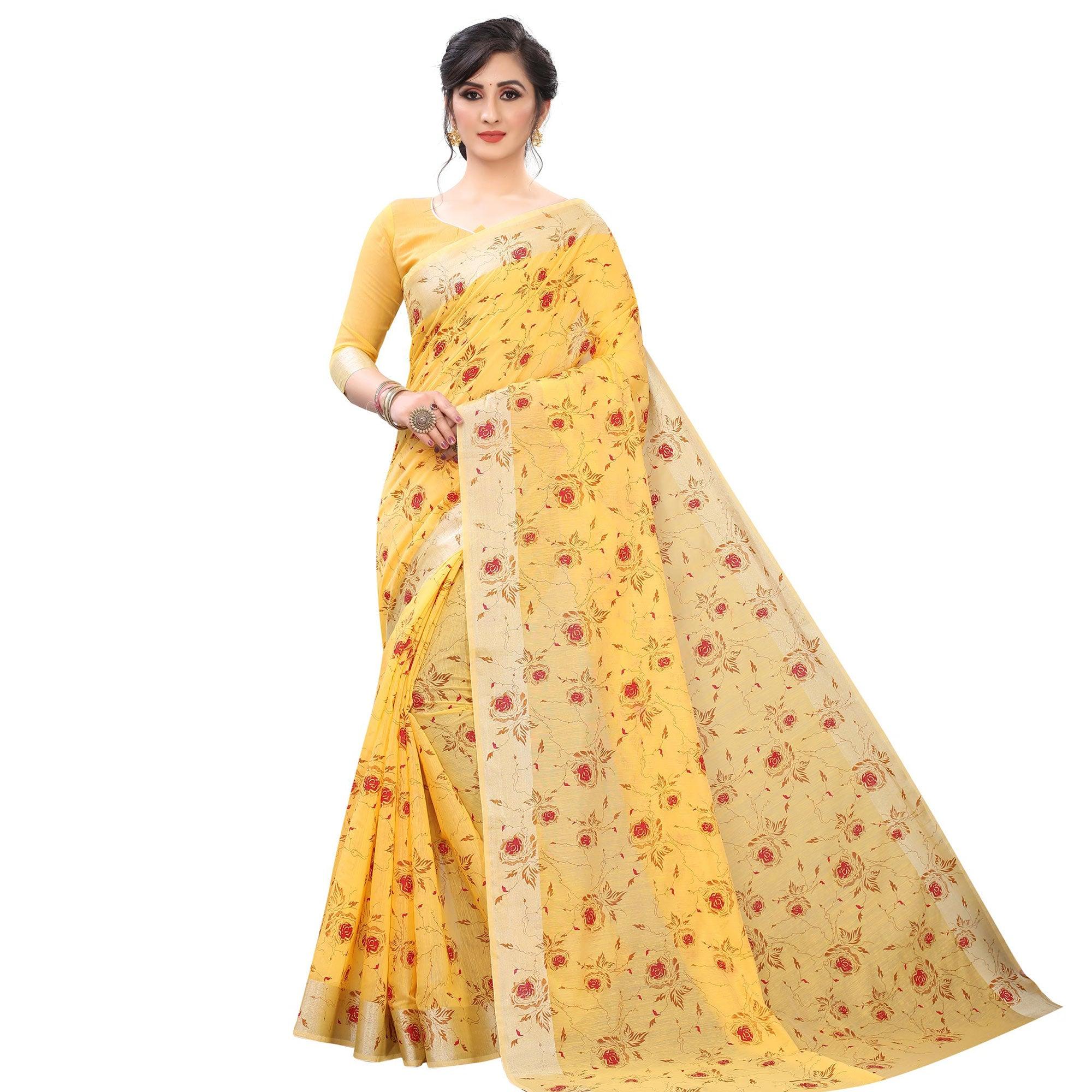 Yellow sarees – BlackTree glowing-yellow-colored-casual-wear-printed-cotton-linen-saree-79807