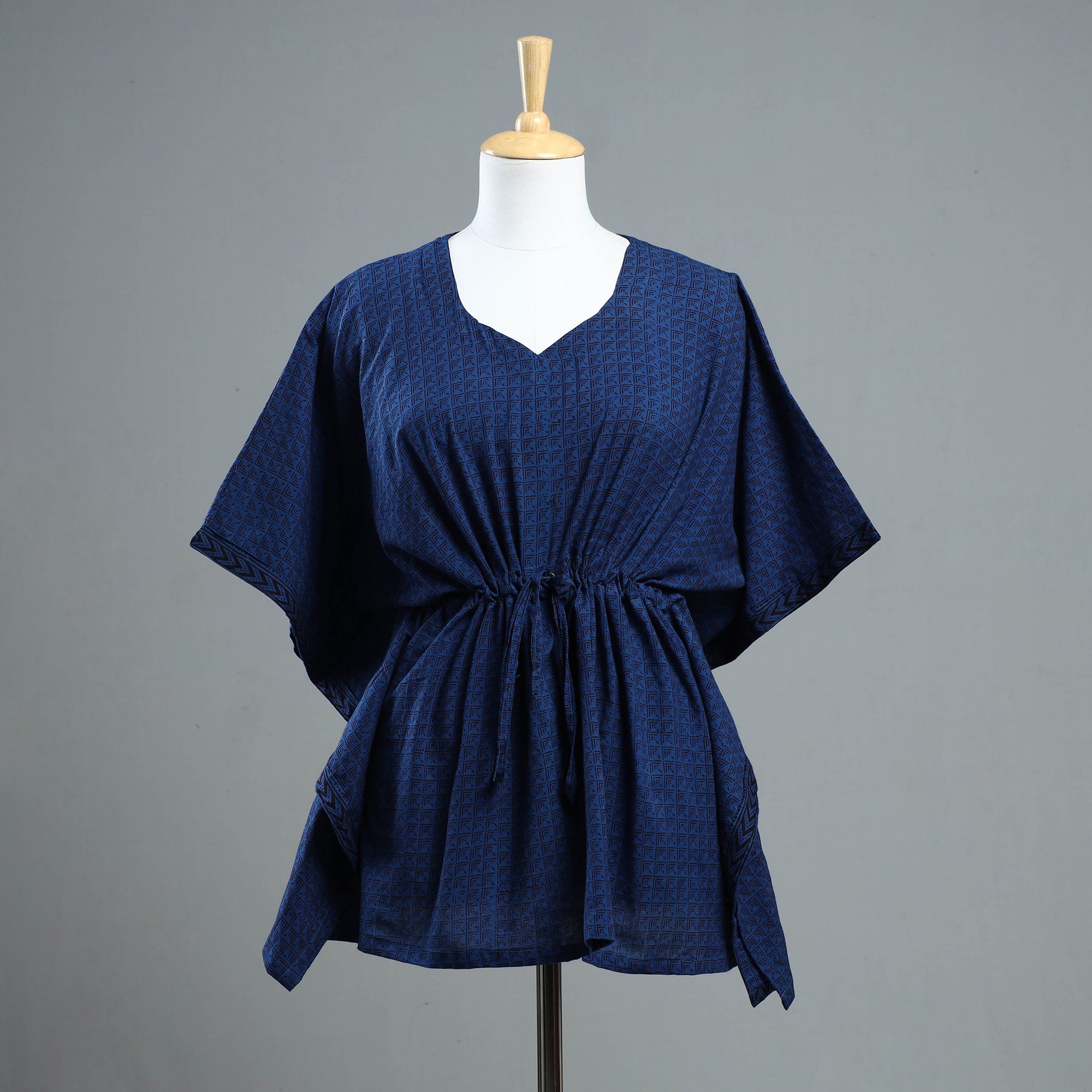 ITOKRI CASUALS Blue - Bagh Block Printed Cotton Kaftan with Tie-Up Waist (Short)
