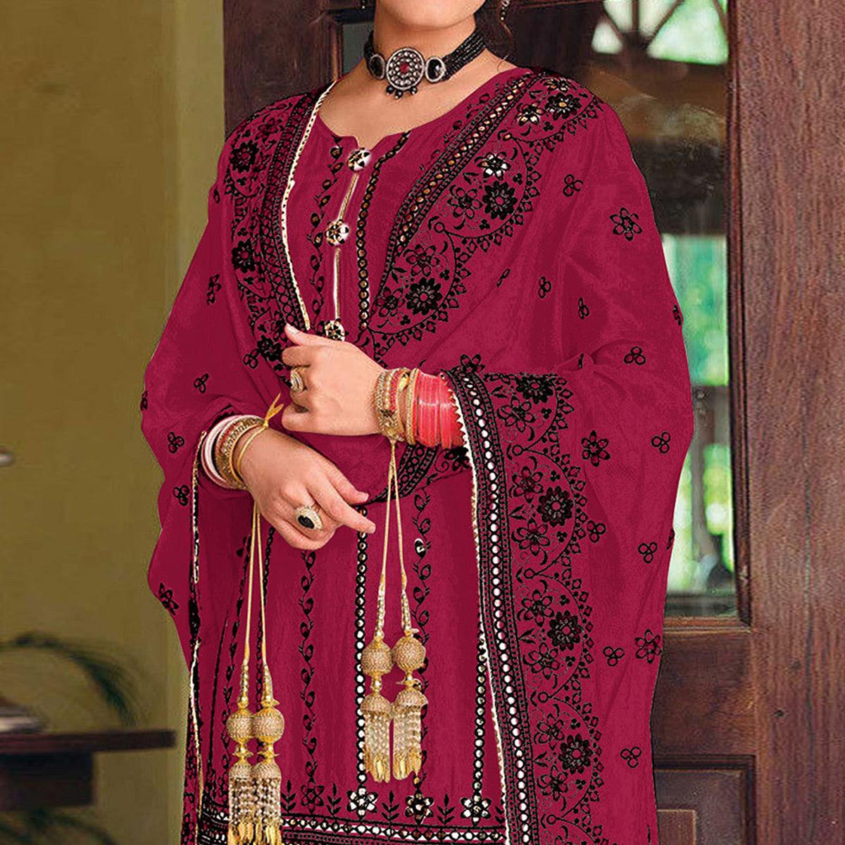 Peachmode Dark Red Partywear Designer Floral Embroidered Georgette Palazzo Suit - view 2