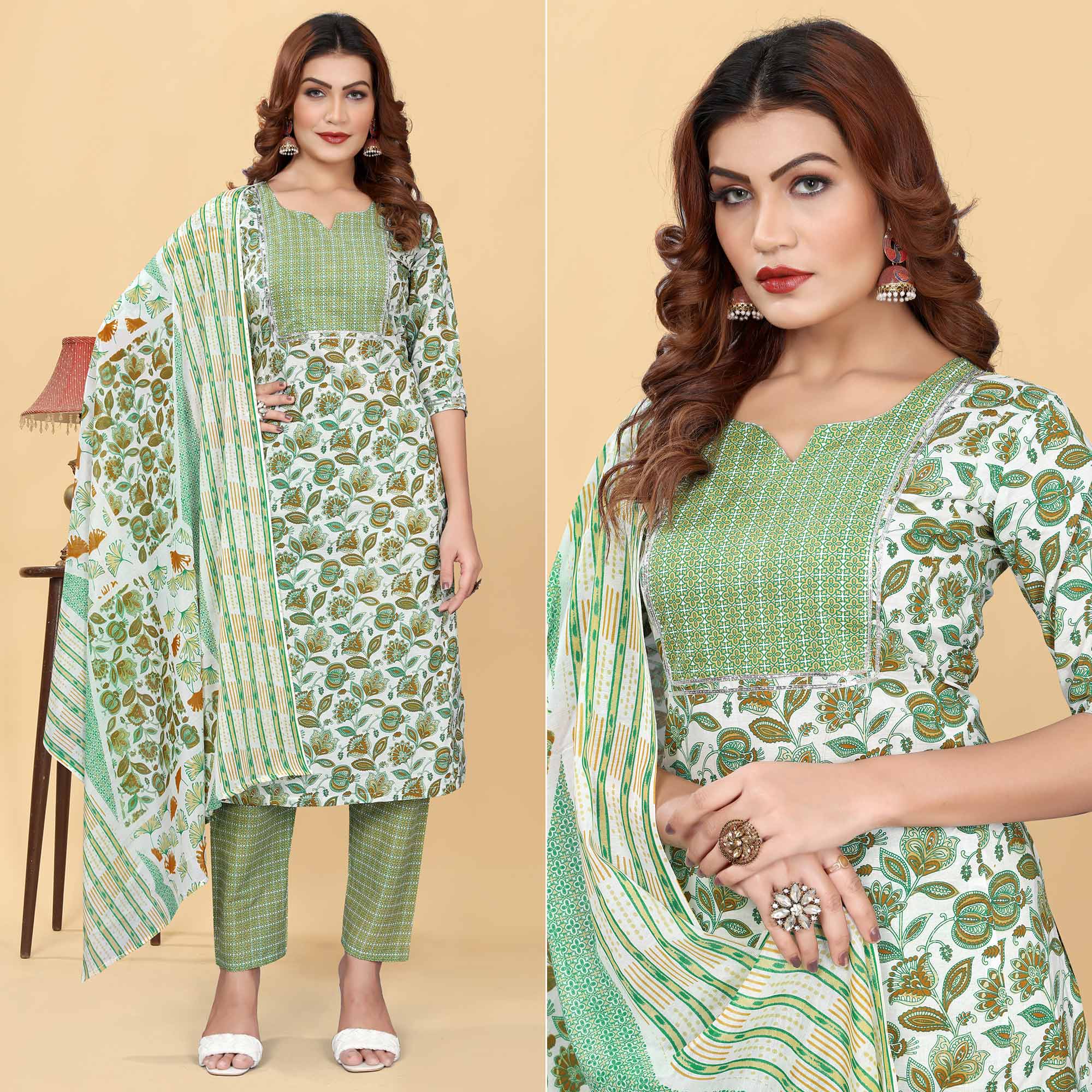 Peachmode Seller Light Green Floral Printed Cotton Blend Salwar Suit