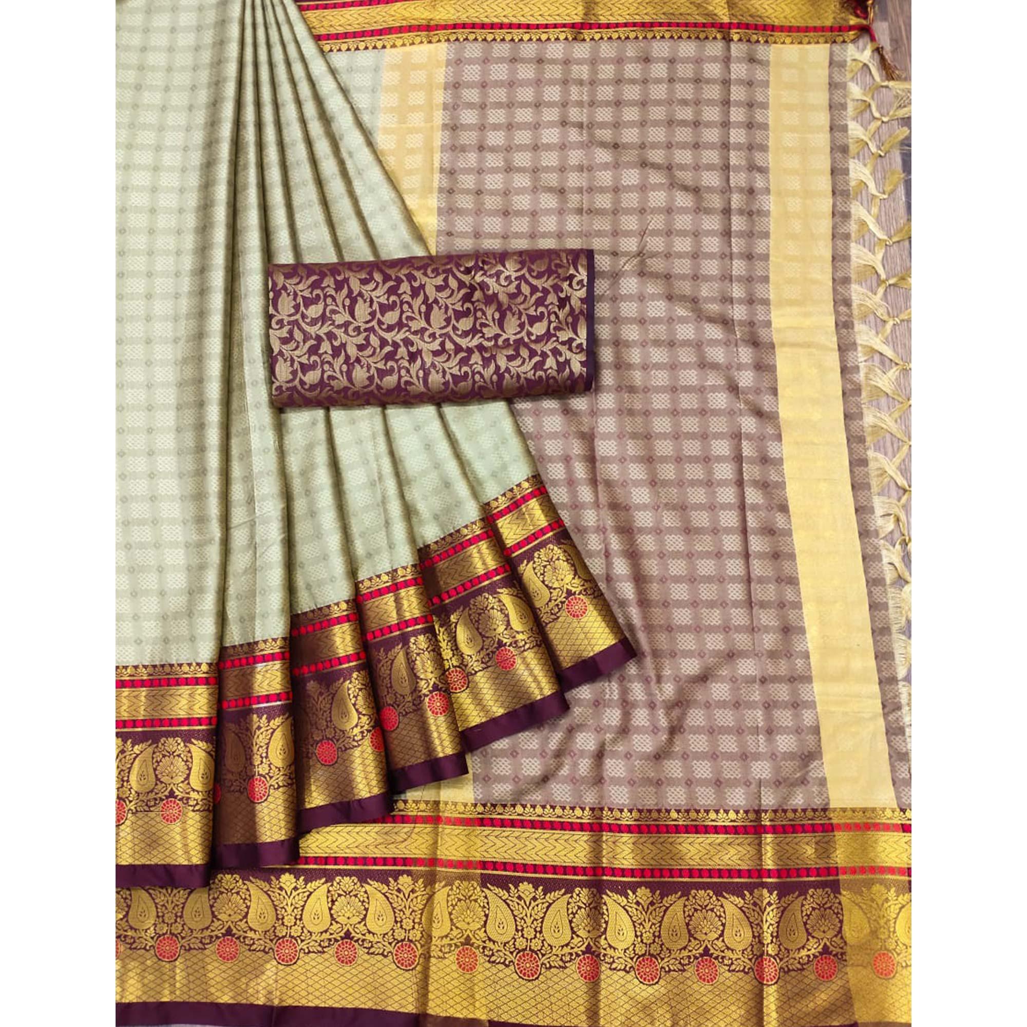 Peachmode Chikoo Woven Cotton Silk Saree With Tassels - view 3