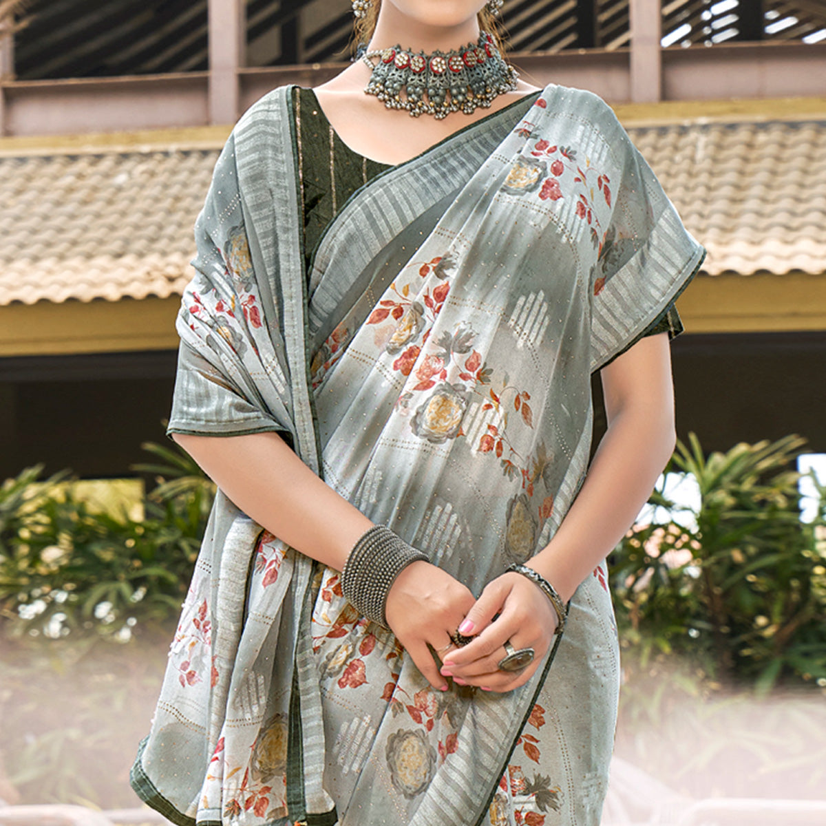 Peachmode Grey Printed Georgette Saree With Swarovski Work - view 2