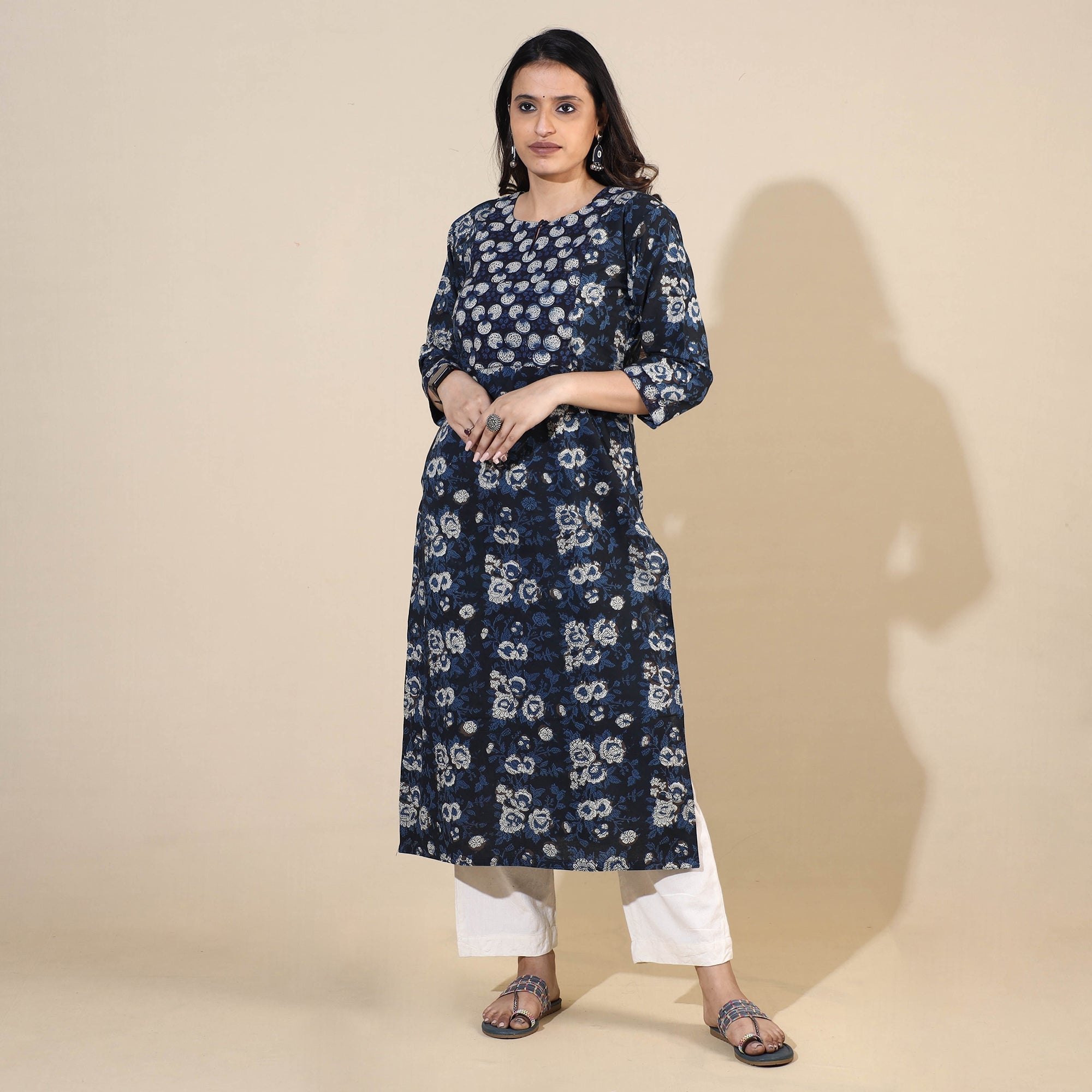 ITOKRI CASUALS Blue - Bagru Hand Block Printed Cotton Long Kurta - view 2