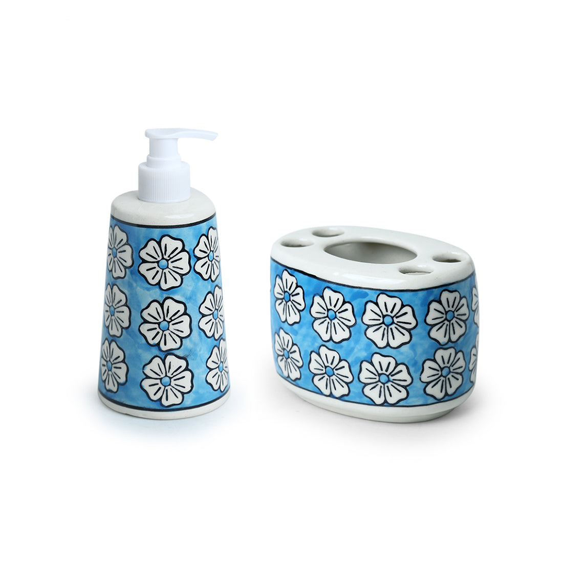 EXCLUSIVELANE 'Turquoise Mogra' Handpainted Bathroom Accessory Set In Ceramic (Liquid Soap Dispenser, Toothbrush Holder) - view 2