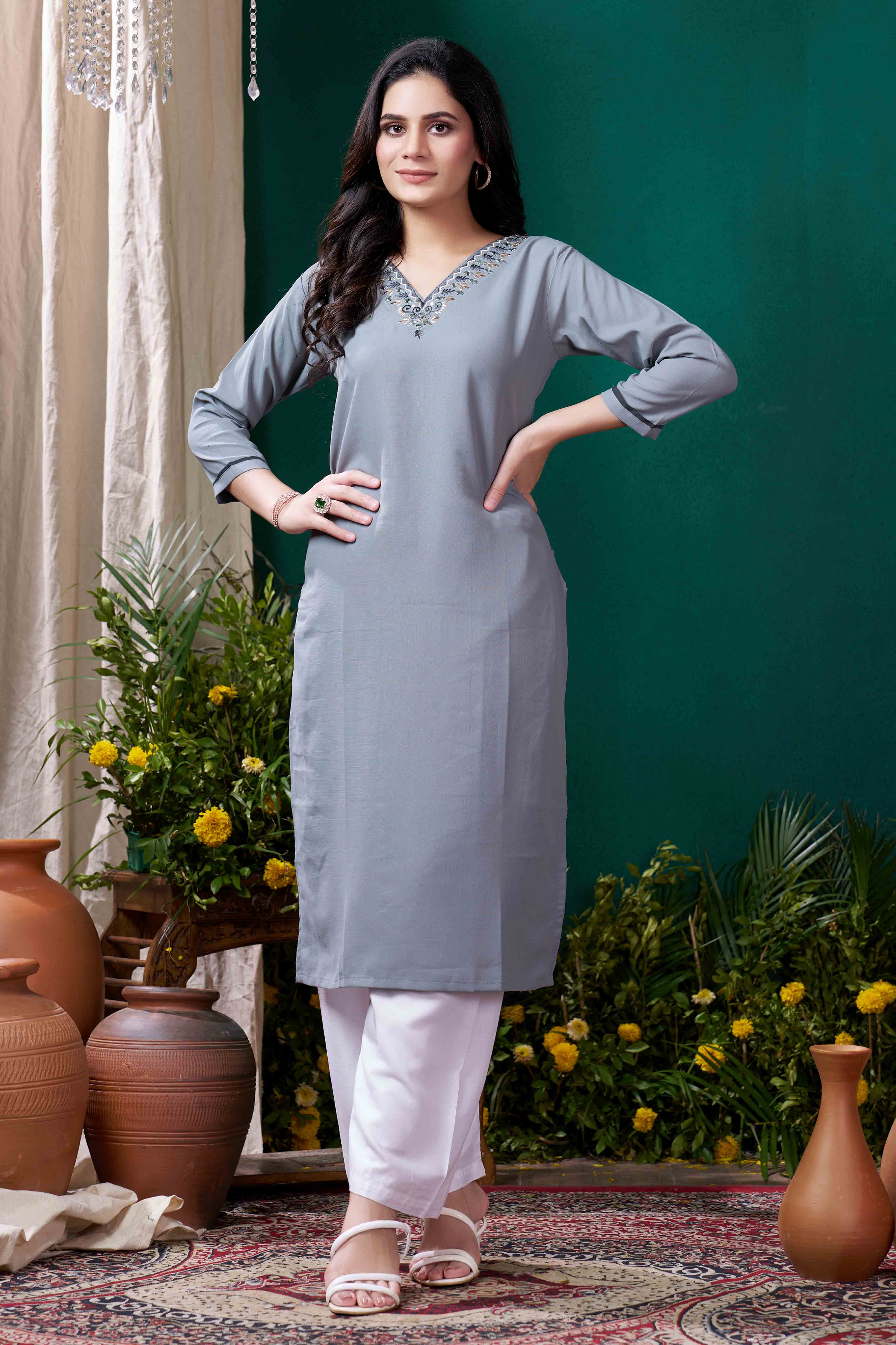 Peachmode Seller Grey Yoke Embroidered Pure Cotton Straight Kurti