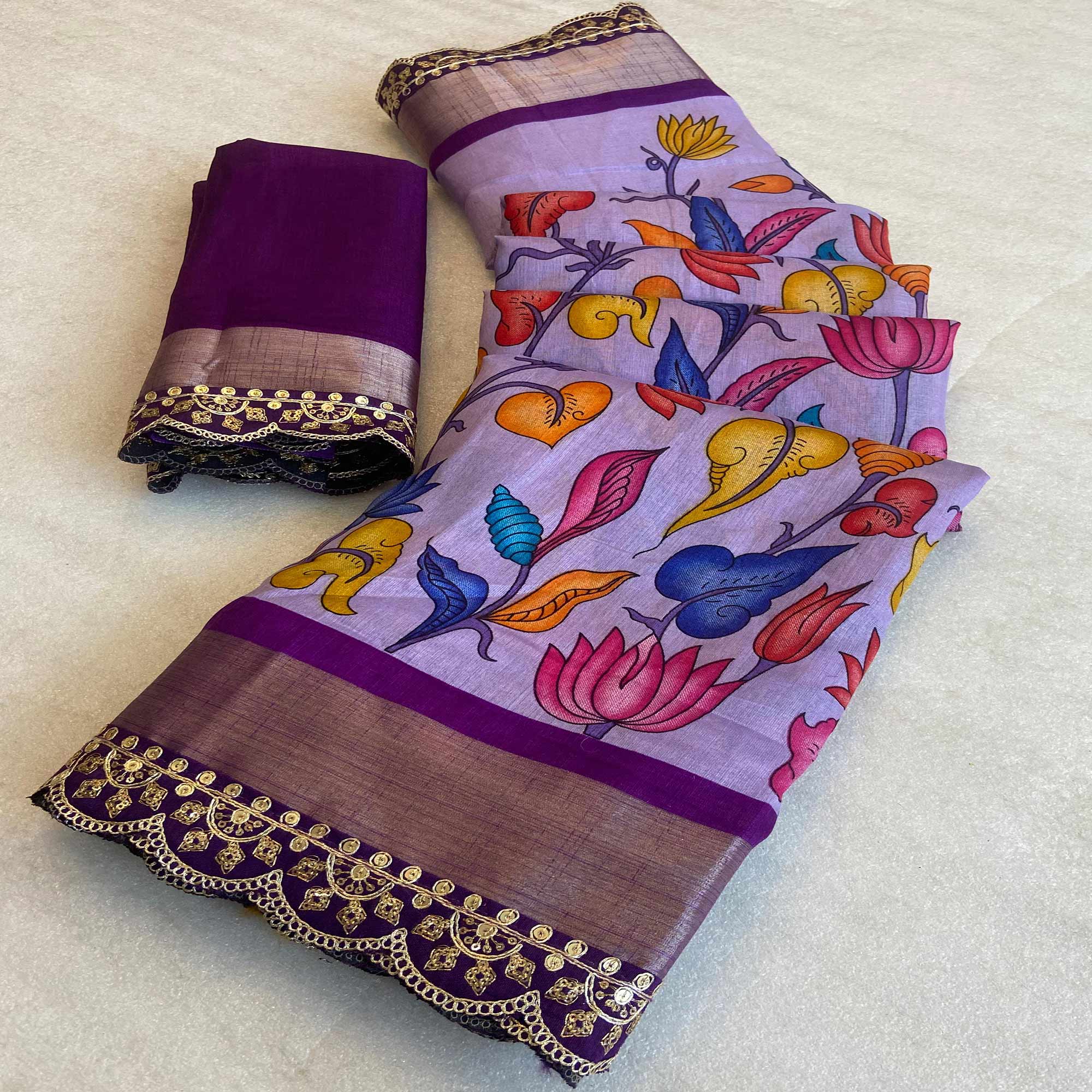 Peachmode Lavender Floral Printed Dola Silk Saree With Sequins Border