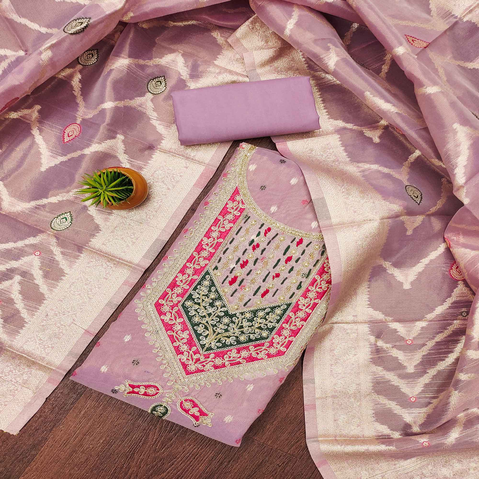 Peachmode Lavender Sequins Embroidered With Woven Chanderi Silk Dress Material