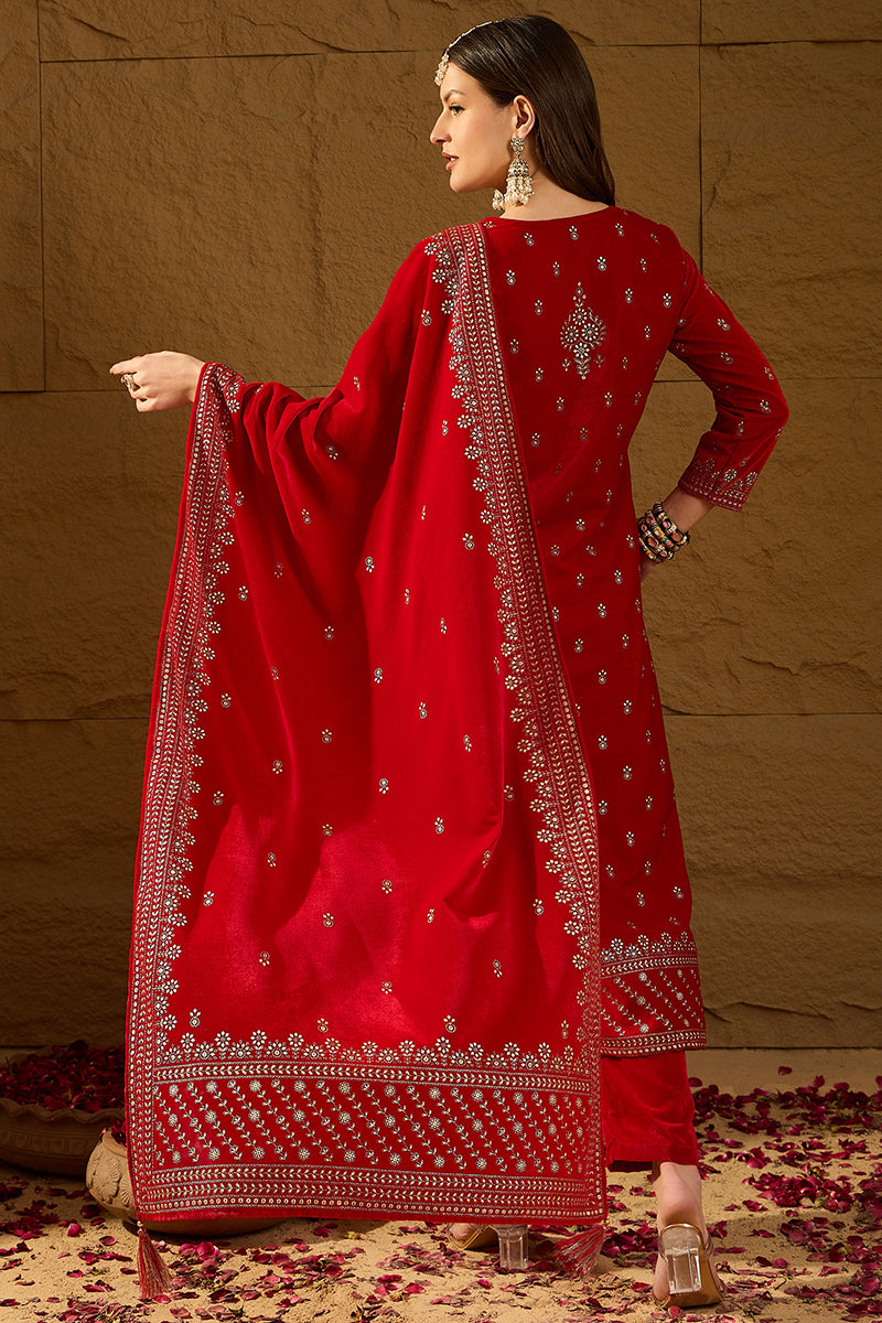 Ahika Red Velvet Ethnic Motifs Printed Straight Trousers Suit Set PKSKD2882 - view 4