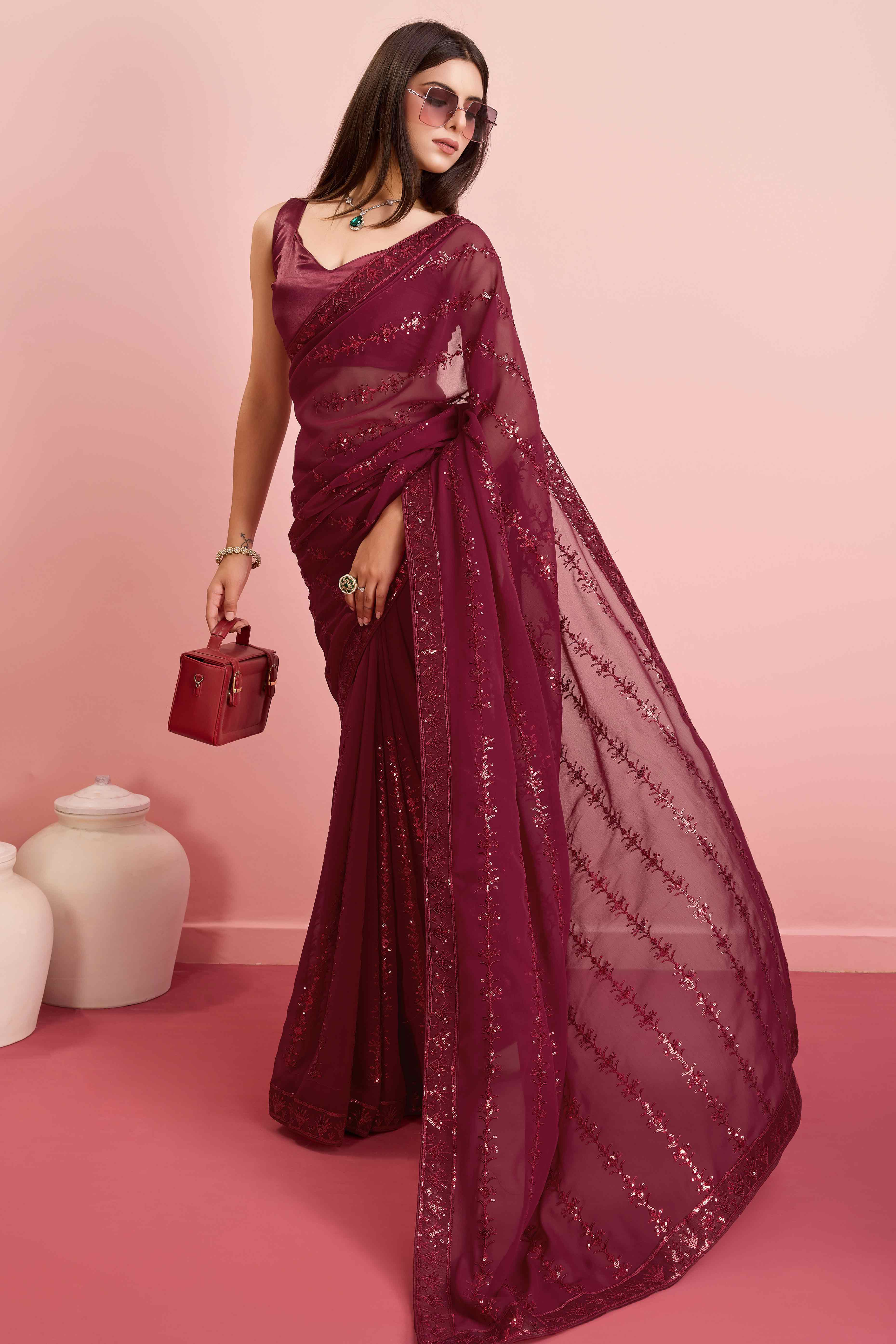 Peachmode Maroon Floral Sequins Embroidered Georgette Saree