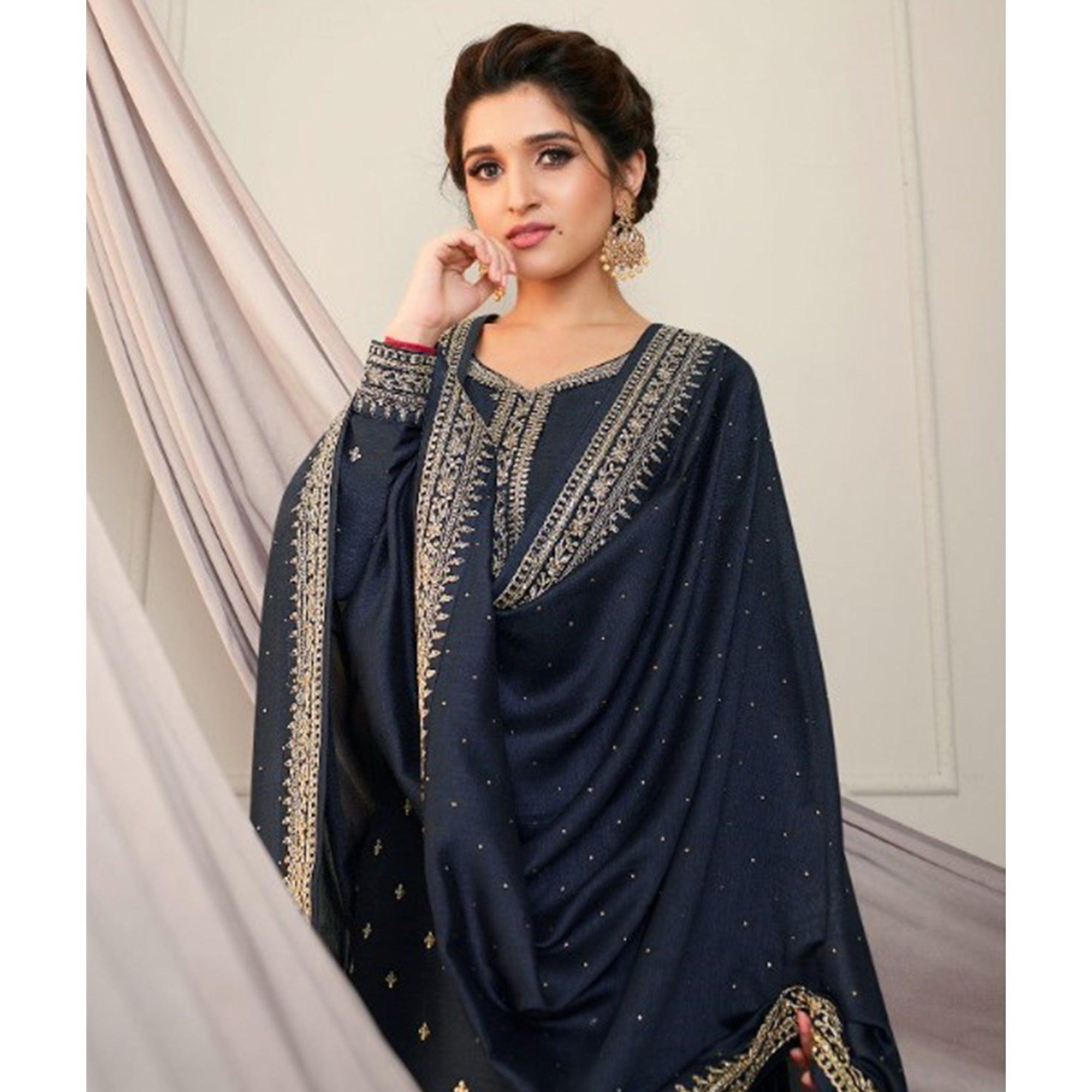 BlackTree grey-party-wear-embroidered-silk-georgette-palazzo-suit-138081 - view 2