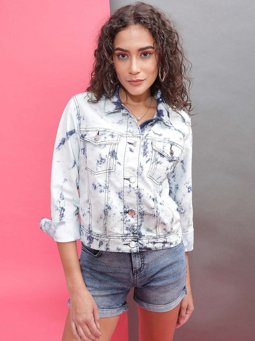 Freehand By The Indian Garage Co Women Tie And Dye Trucker Denim Jacket