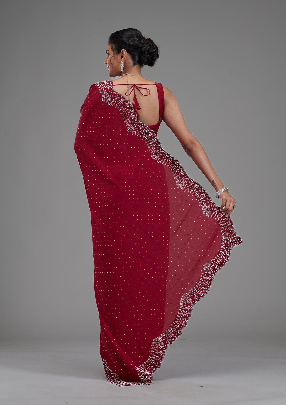 Koskii Maroon Swarovski Satin Saree – Women's - view 2