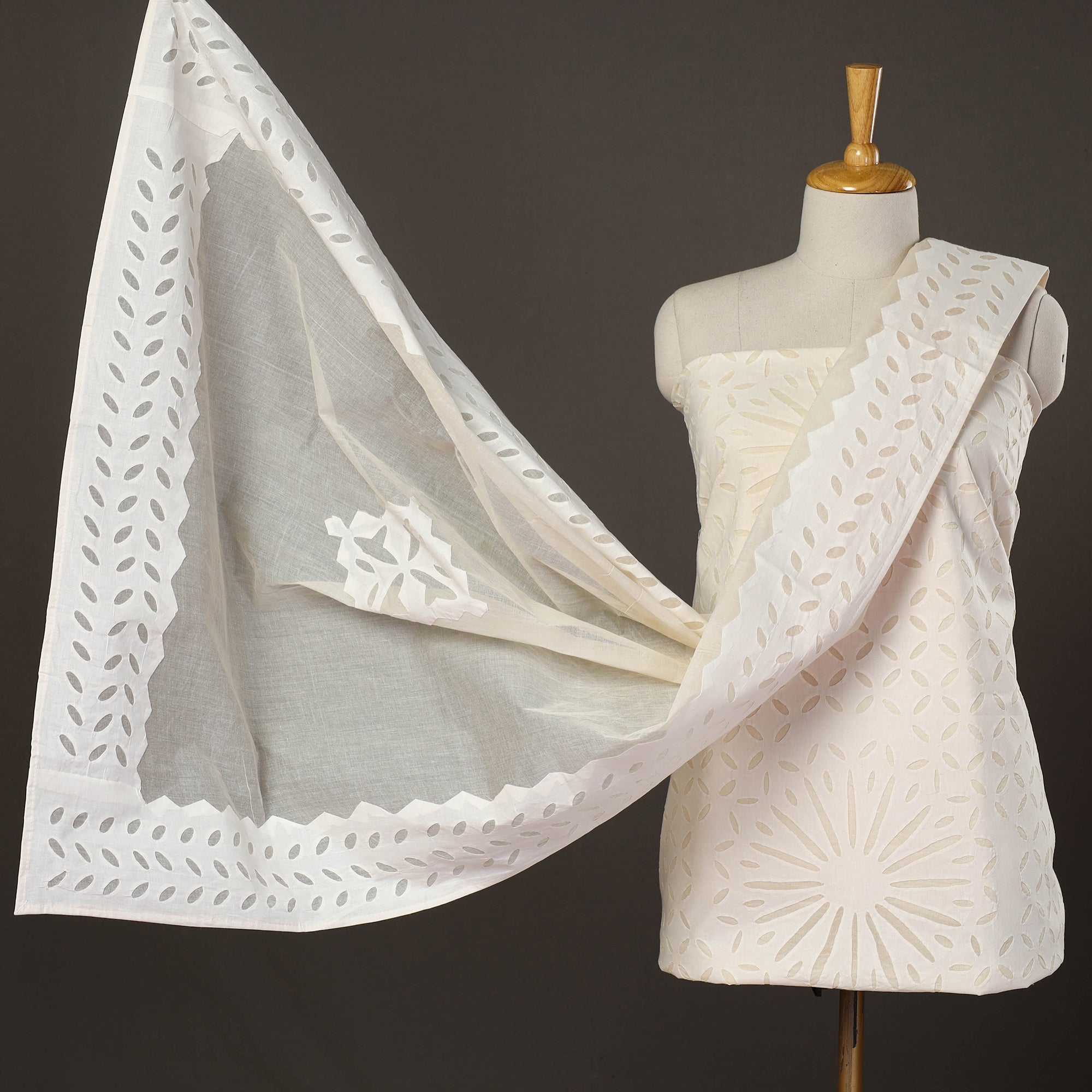 SHADES OF MARUDHARA White - 3pc Cut Work Cotton Barmer Applique Dress Material 48