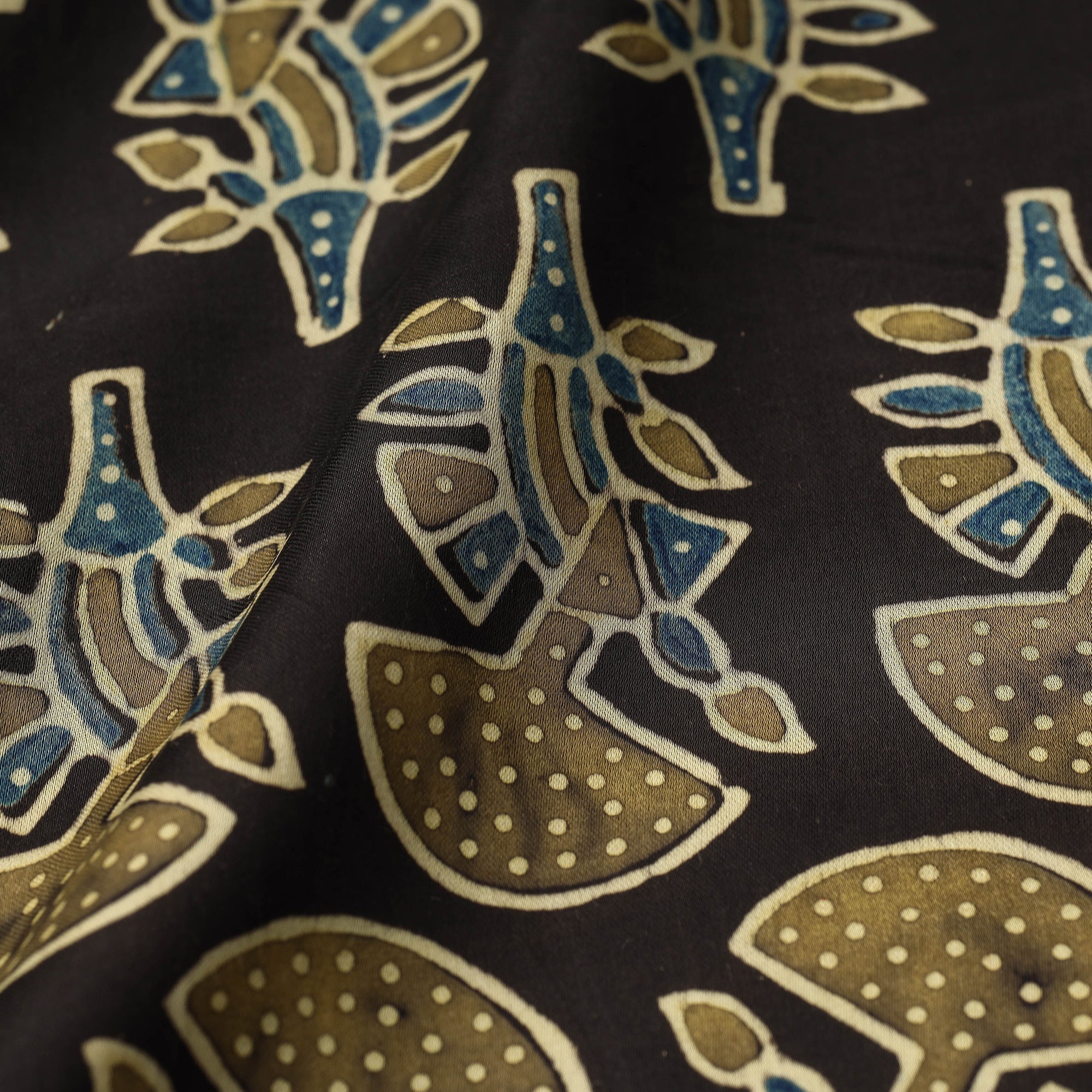 RIYAZ ABDULMAJID KHATRI - AJRAKH Black - Yellow Butta's On Black Ajrakh Hand Block Printed Modal Silk Fabric - view 4