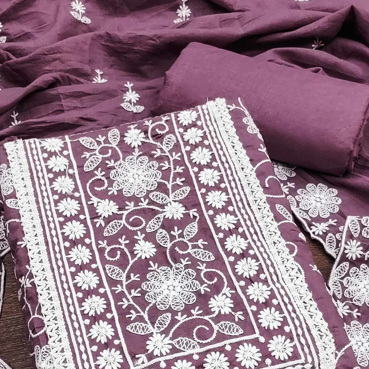 Peachmode Dark Mauve Floral Embroidered Art Silk Dress Material - view 2